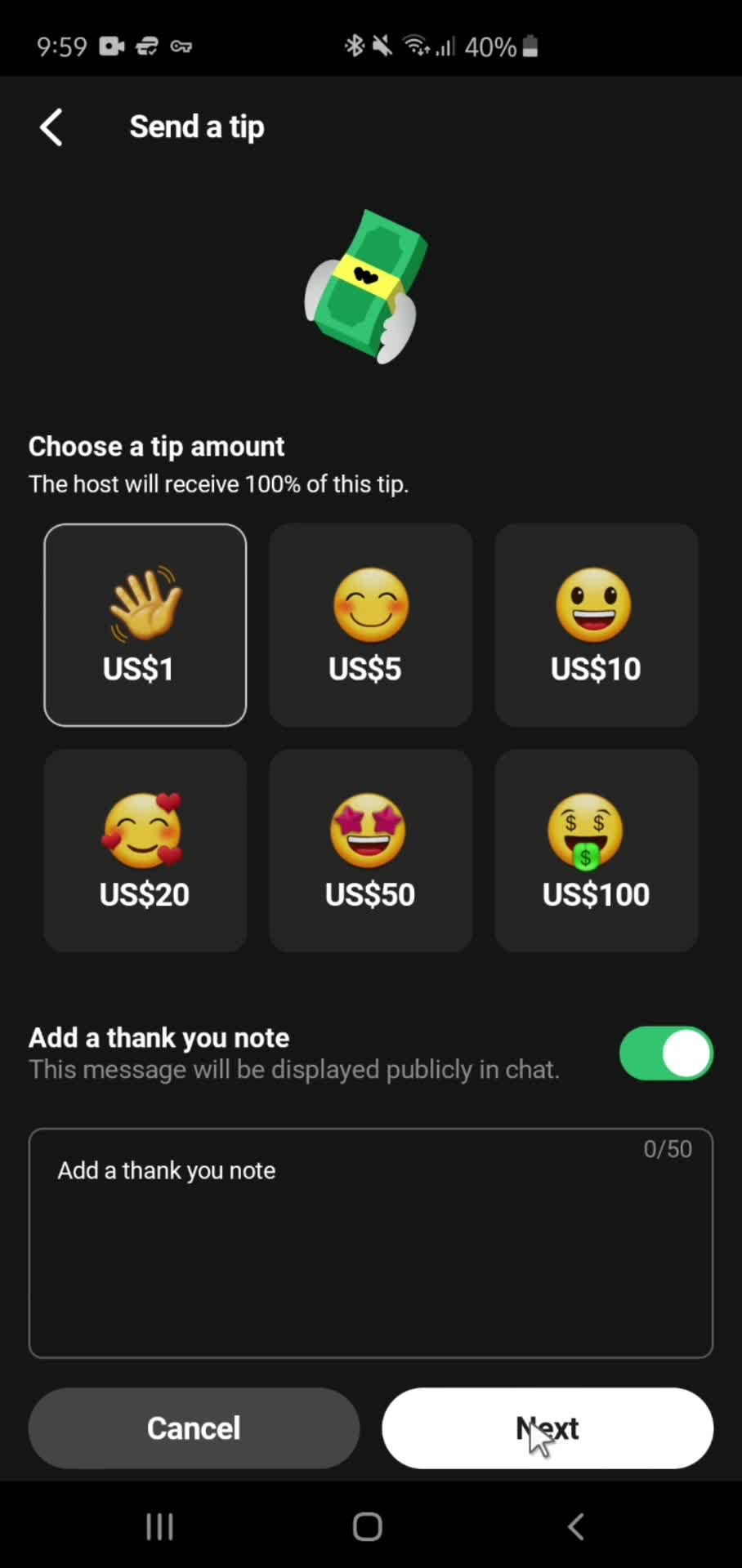 Sending tips screenshot