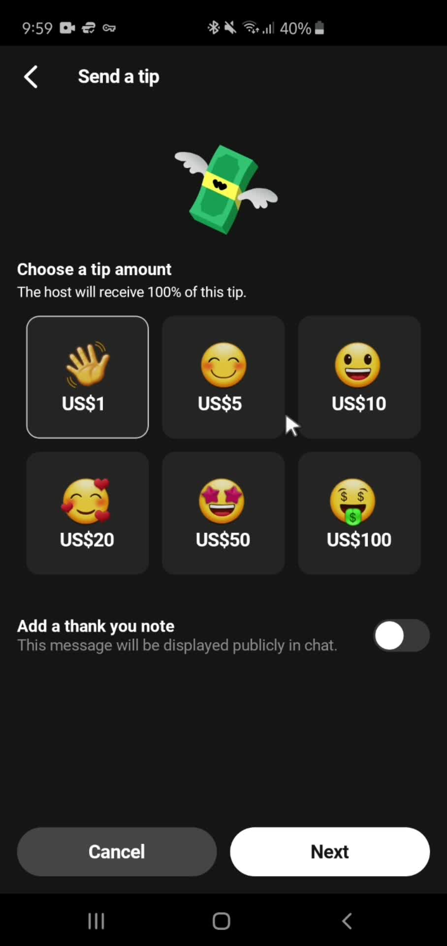 Sending tips screenshot