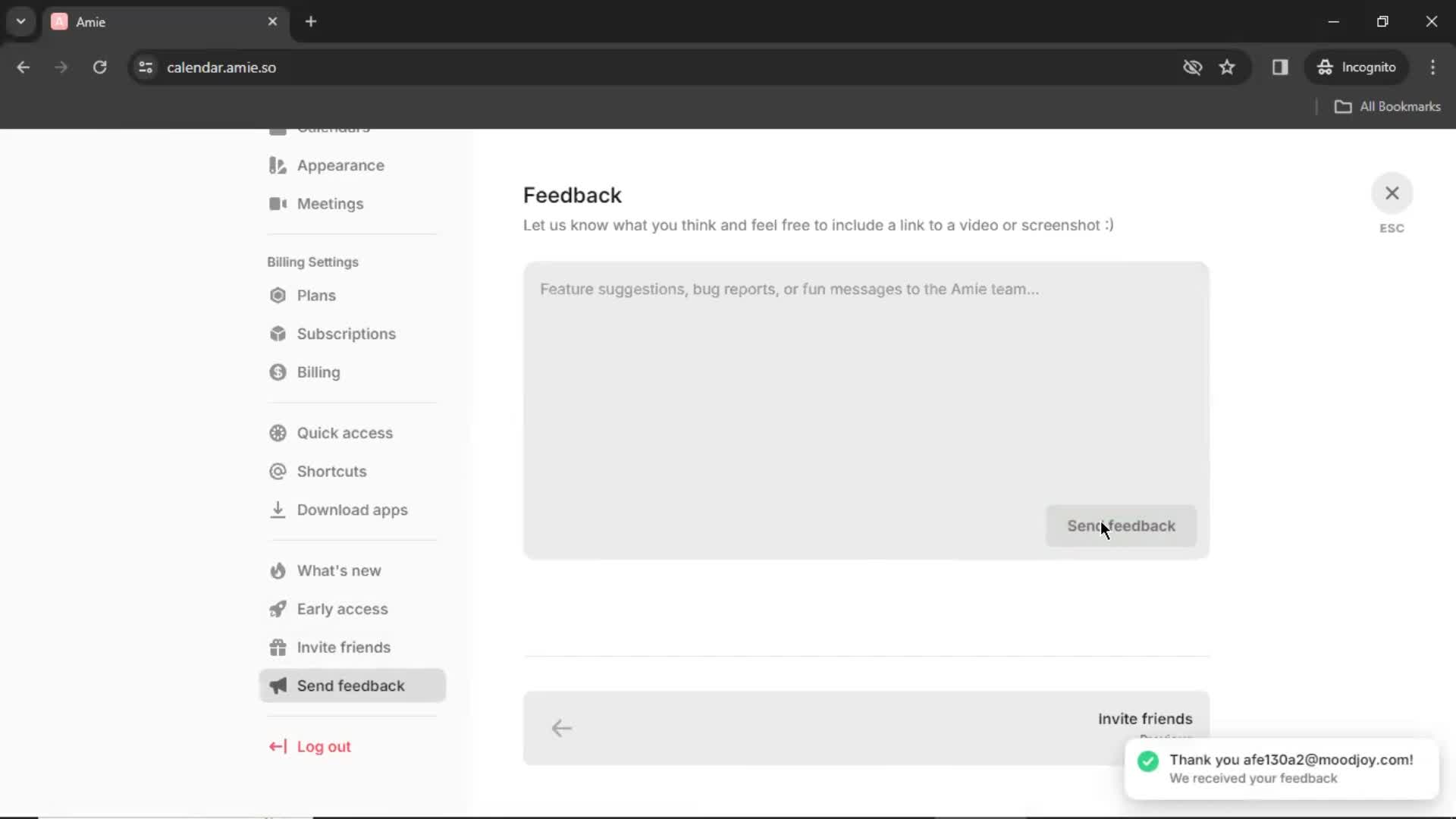 Giving feedback screenshot