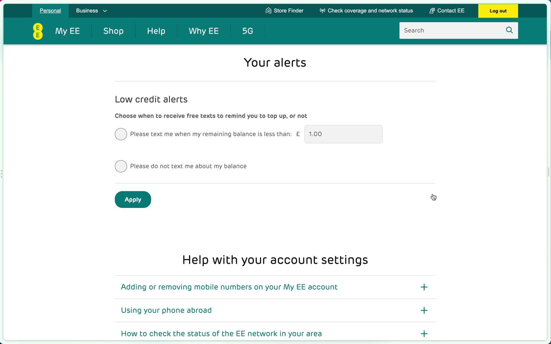 Setting alerts screenshot