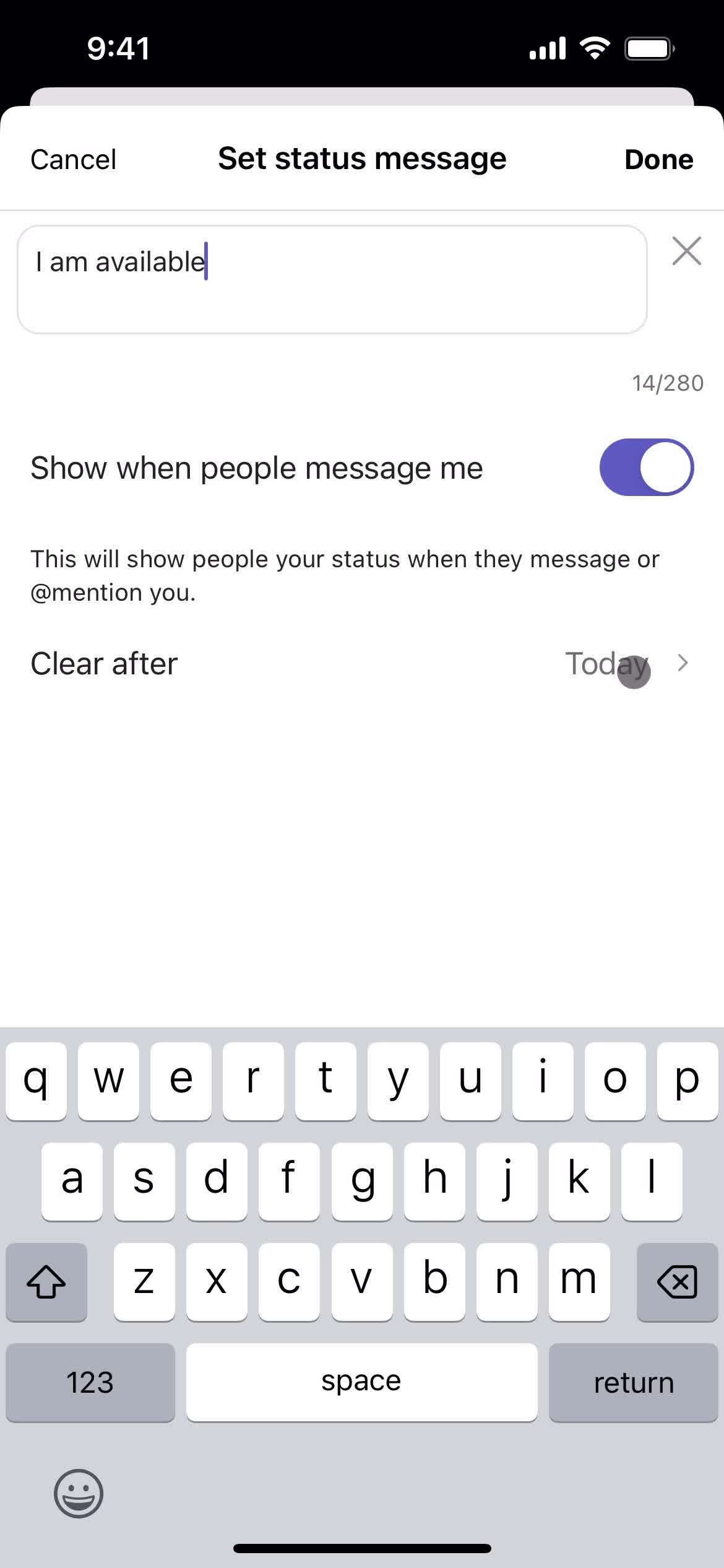 Setting status message screenshot