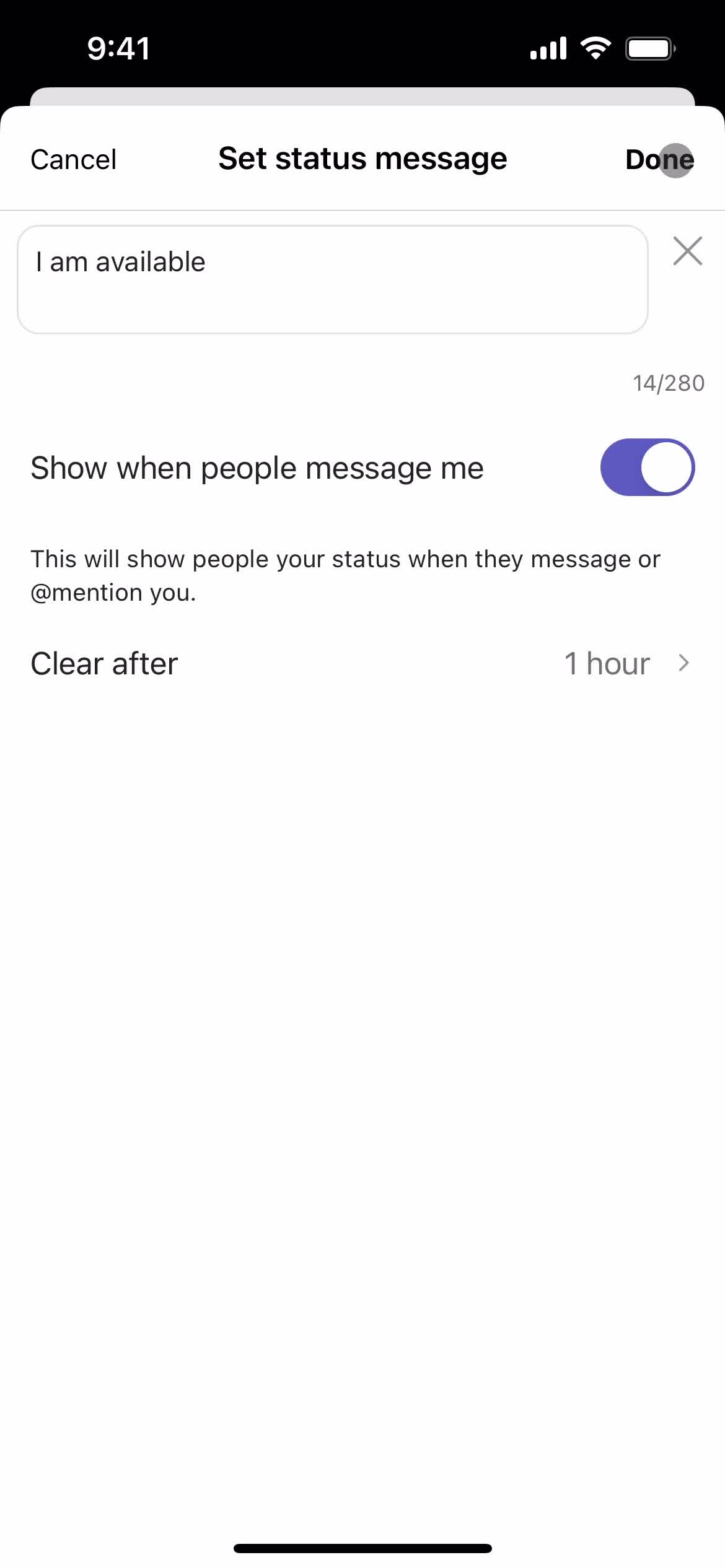 Setting status message screenshot