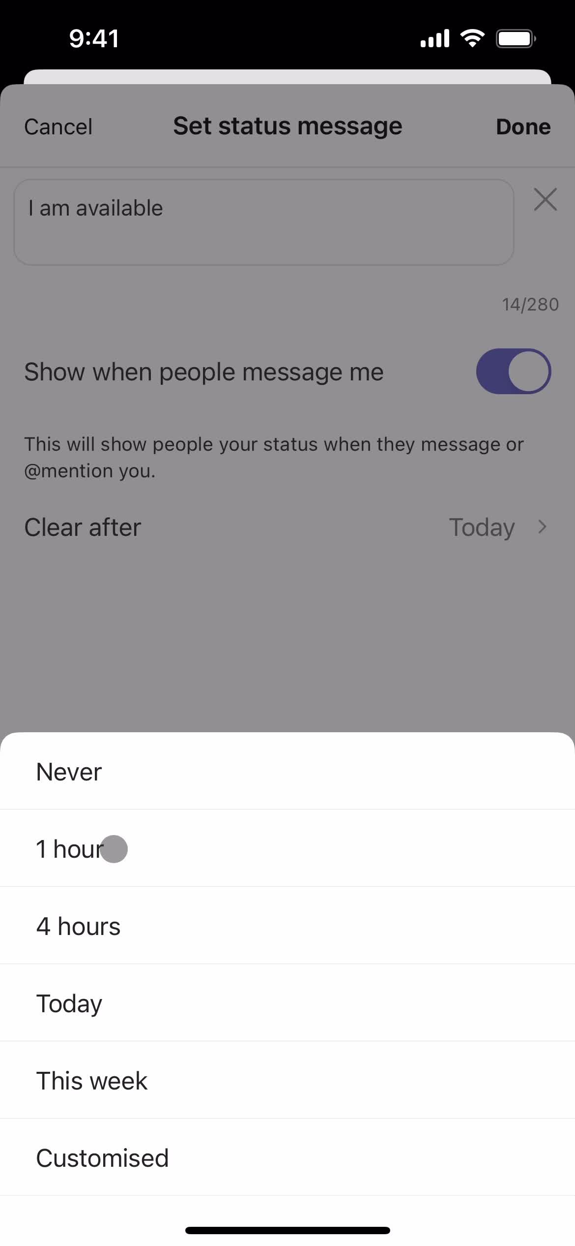 Setting status message screenshot