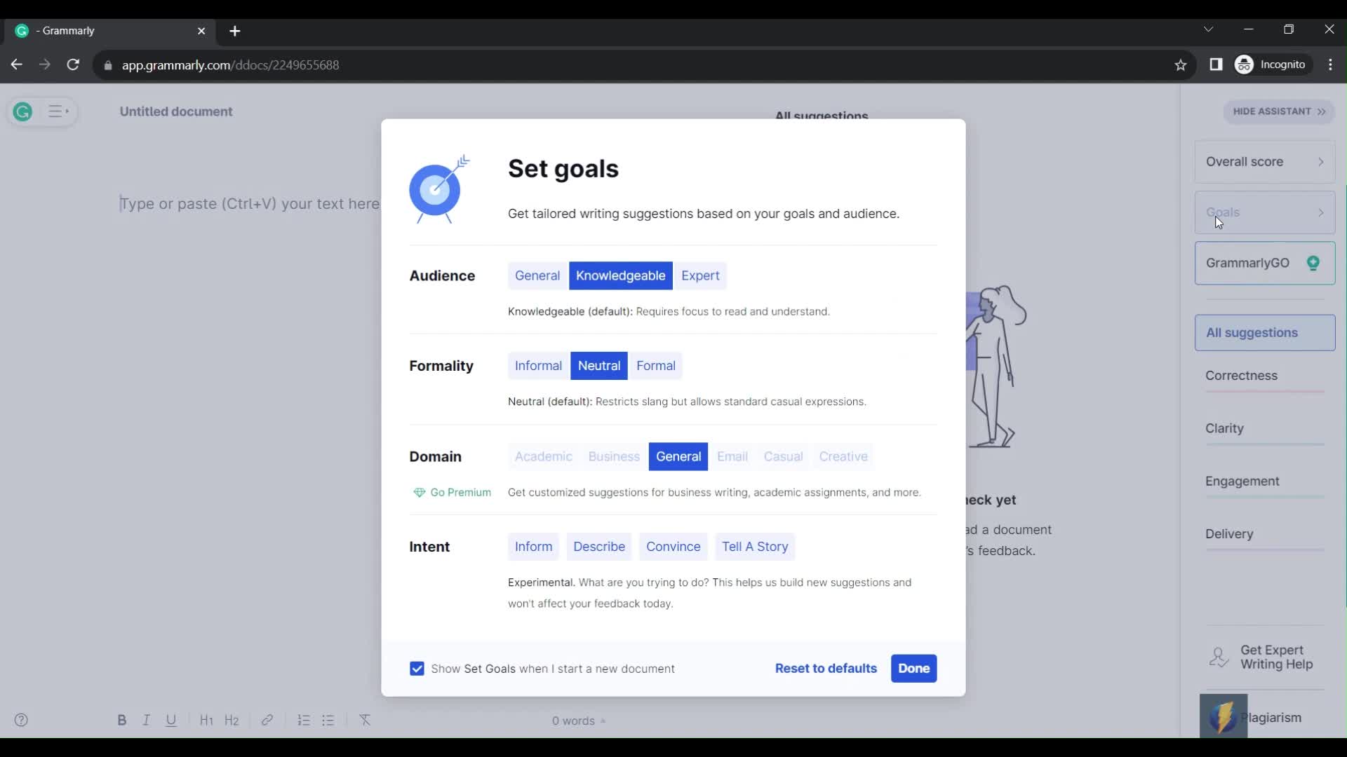 Screenshot of Set goals on Setting goals on Grammarly user flow