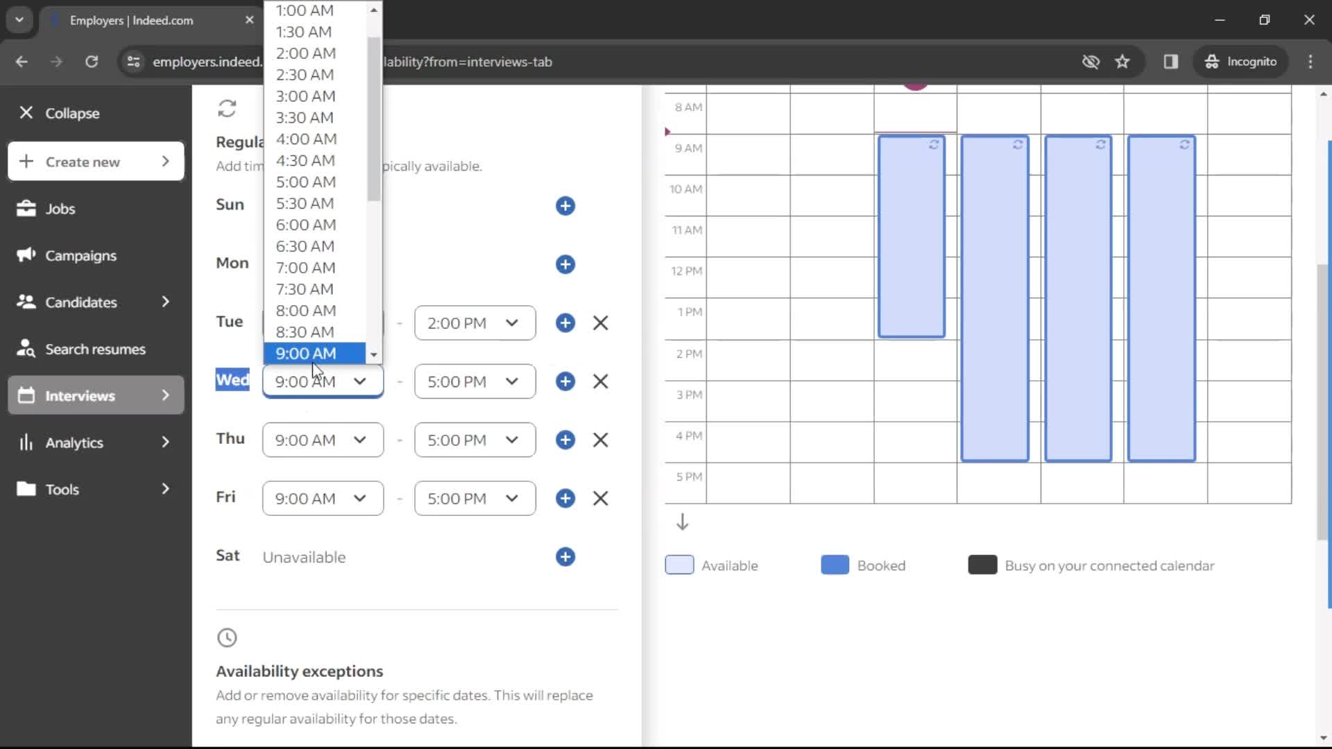 Setting up interview availability screenshot