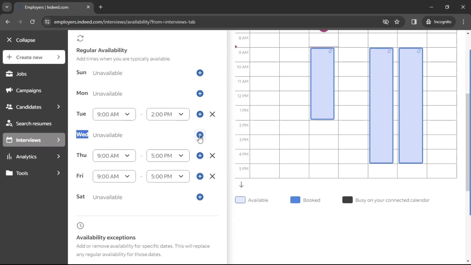 Setting up interview availability screenshot