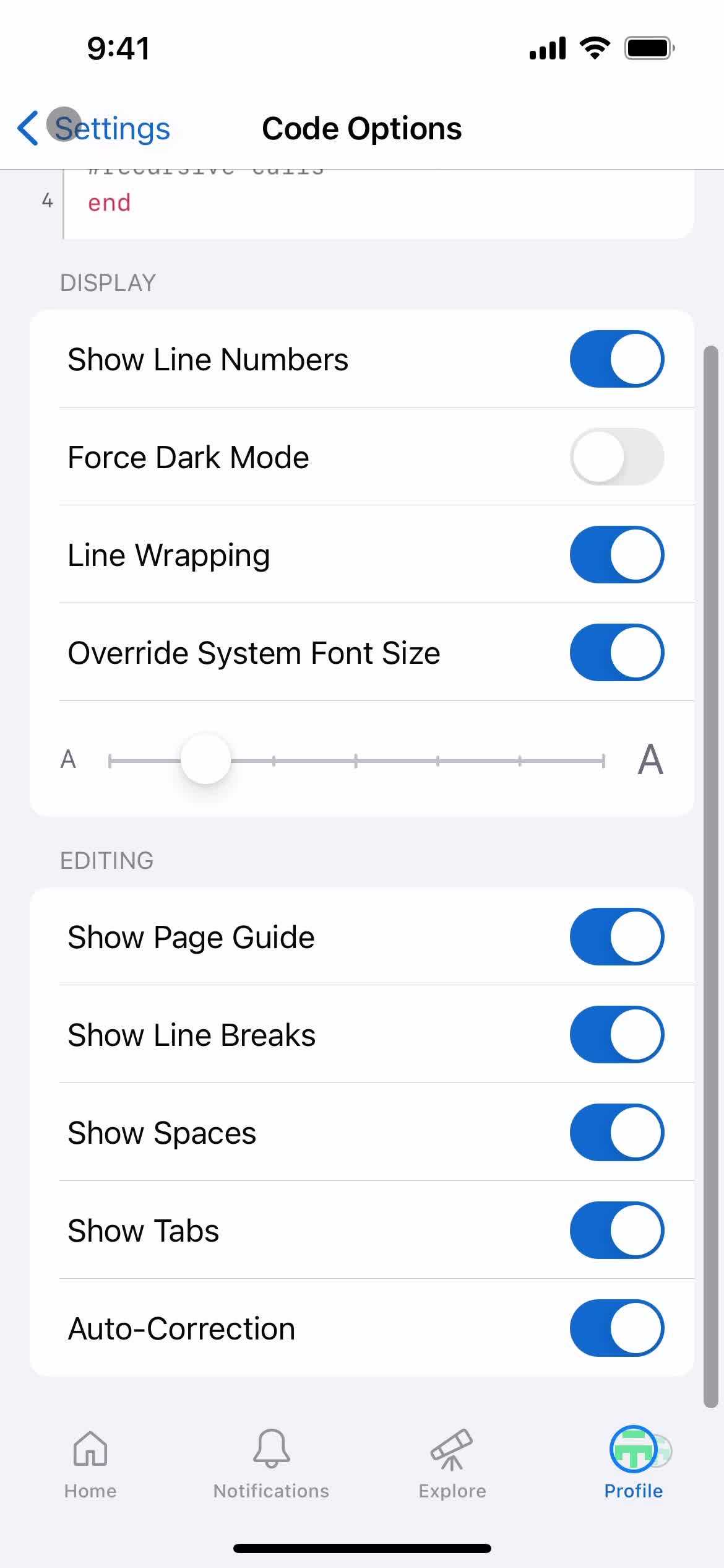 Settings screenshot