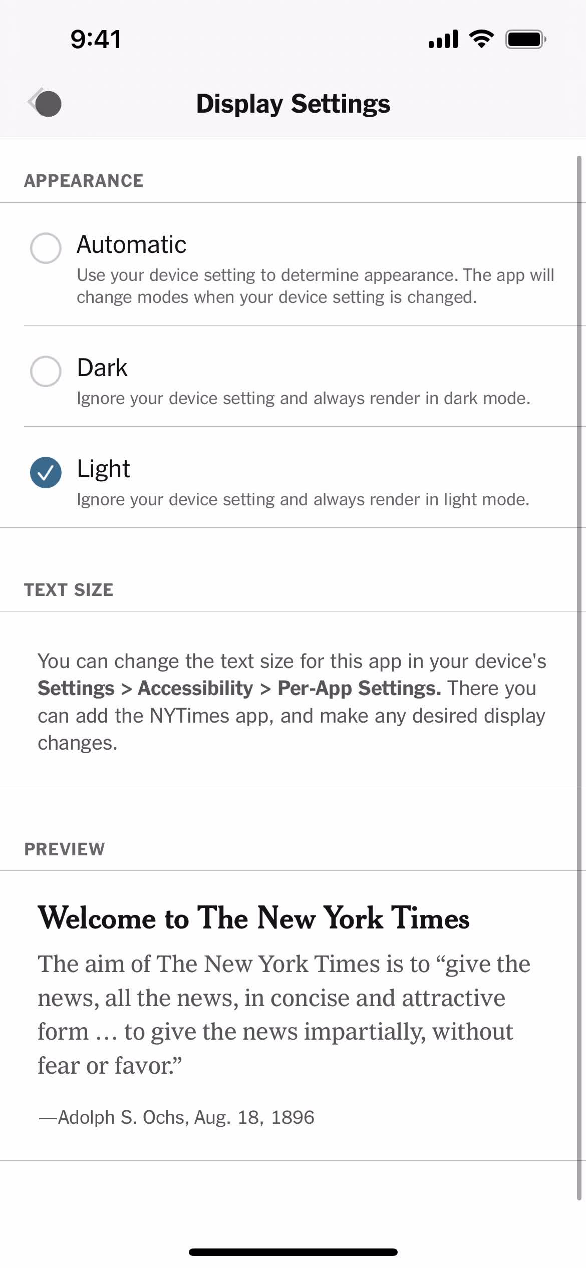 Settings on The New York Times video thumbnail