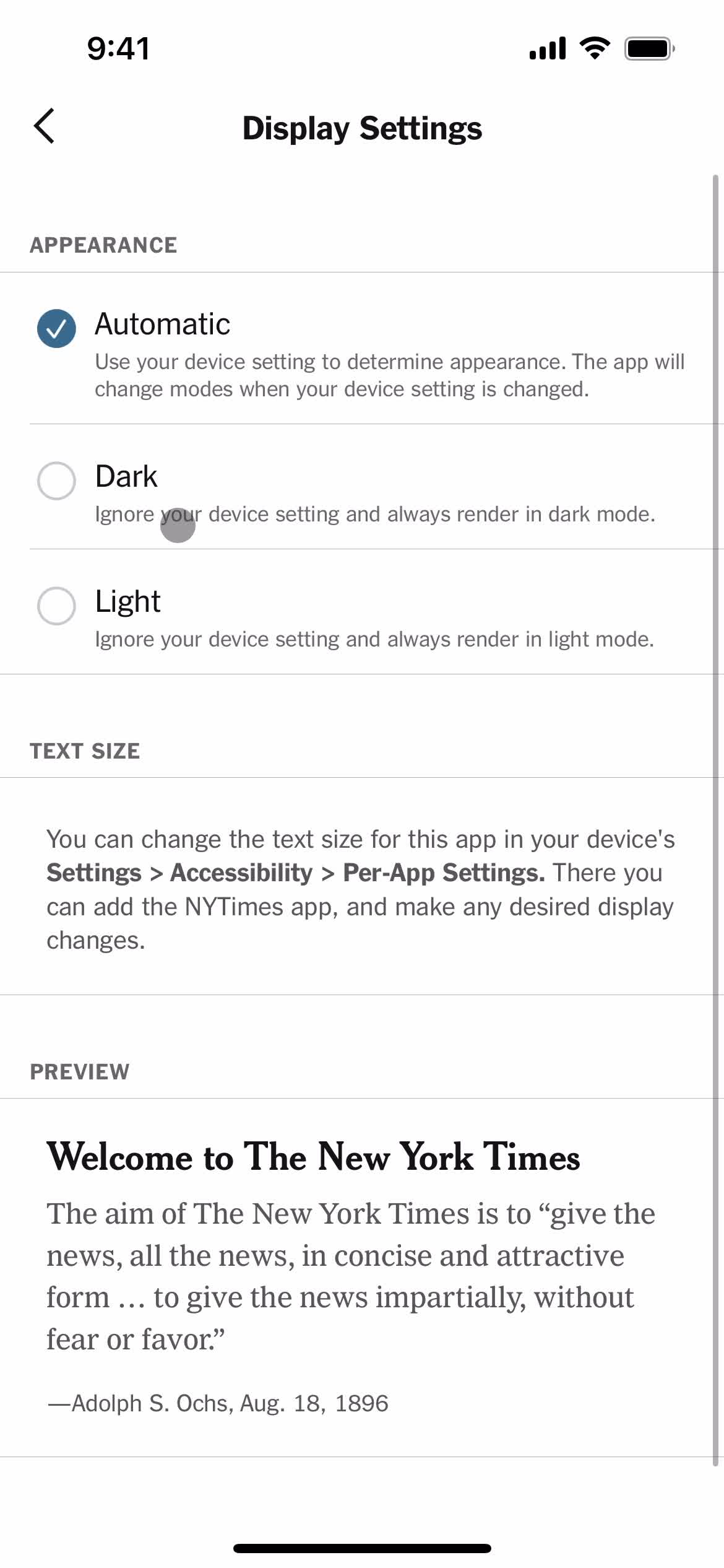 Settings on The New York Times video thumbnail