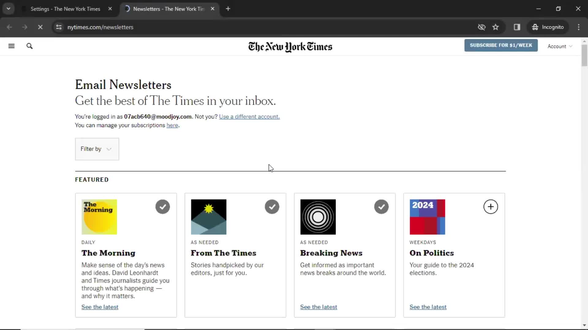 Settings on The New York Times video thumbnail