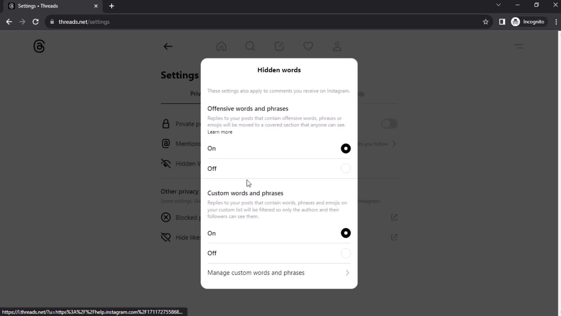 Settings screenshot