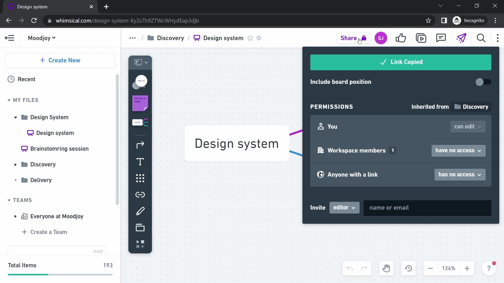 Screenshot of Share on Sharing on Whimsical user flow