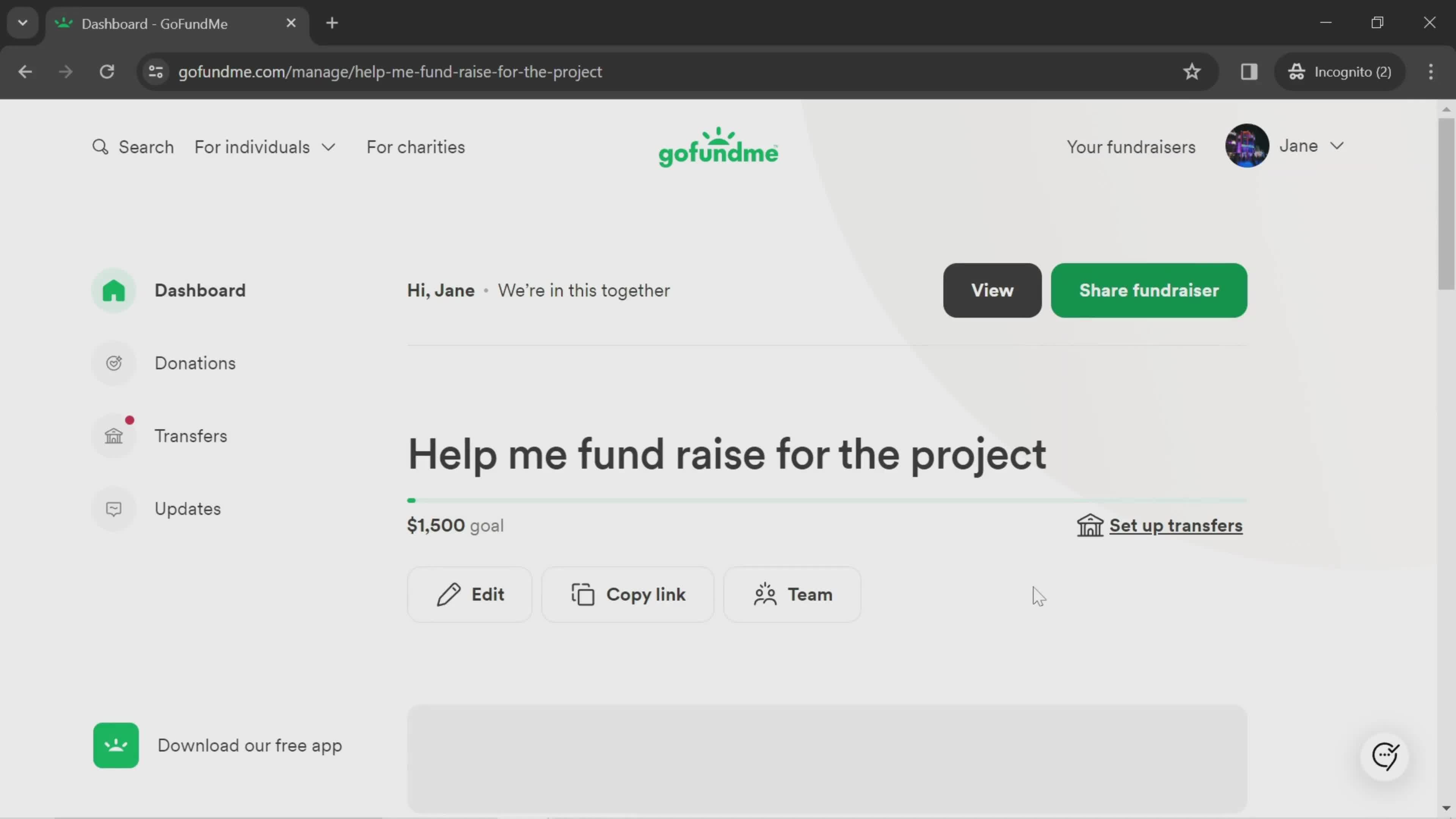 Sharing a fundraiser screenshot