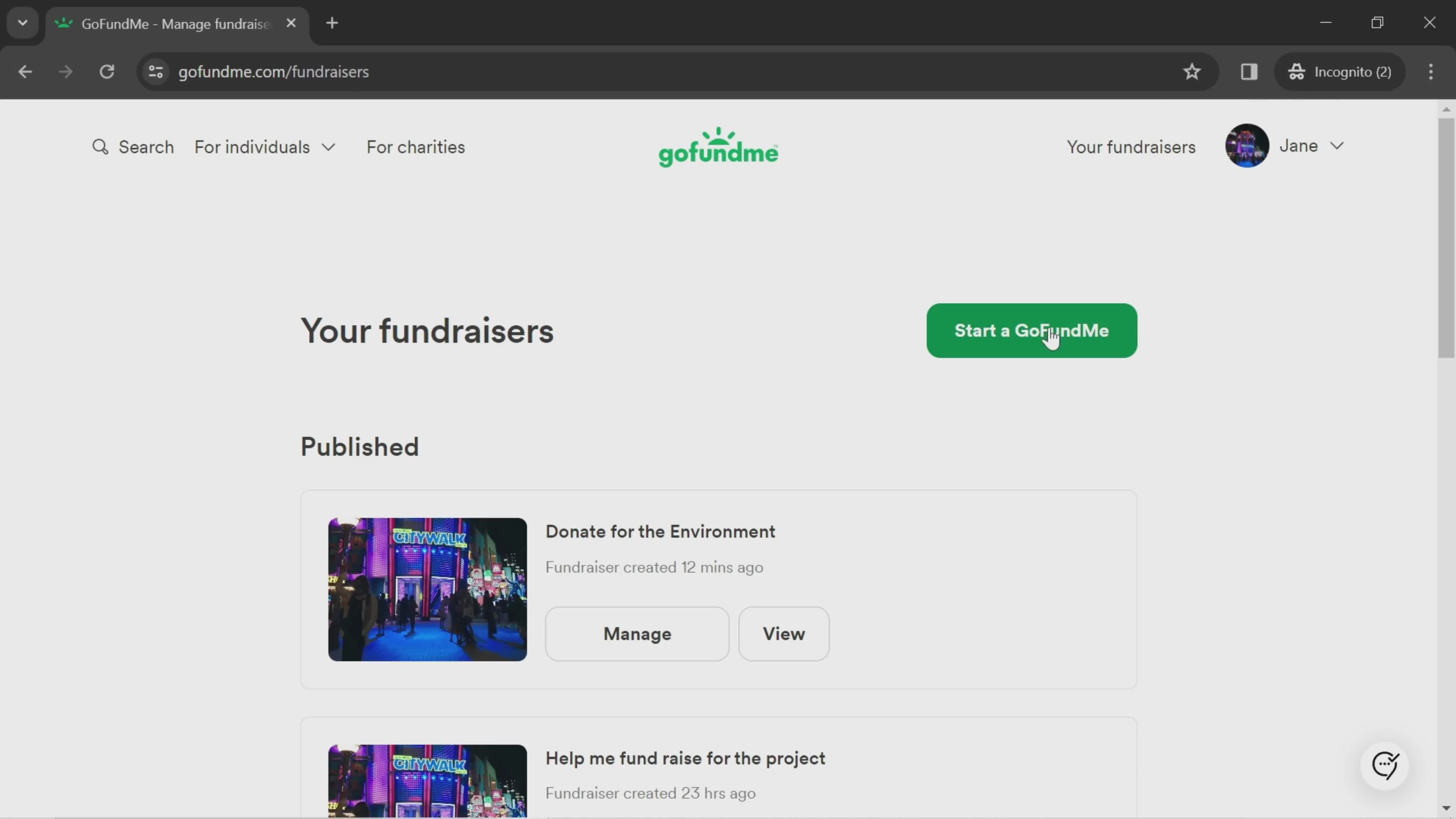 Sharing a fundraiser screenshot