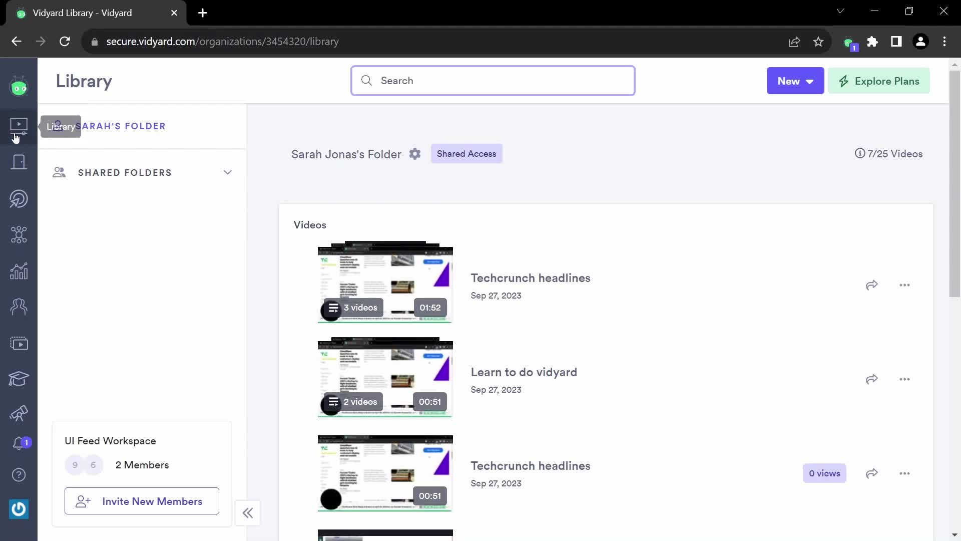 Screenshot of Library on Sharing on Vidyard user flow