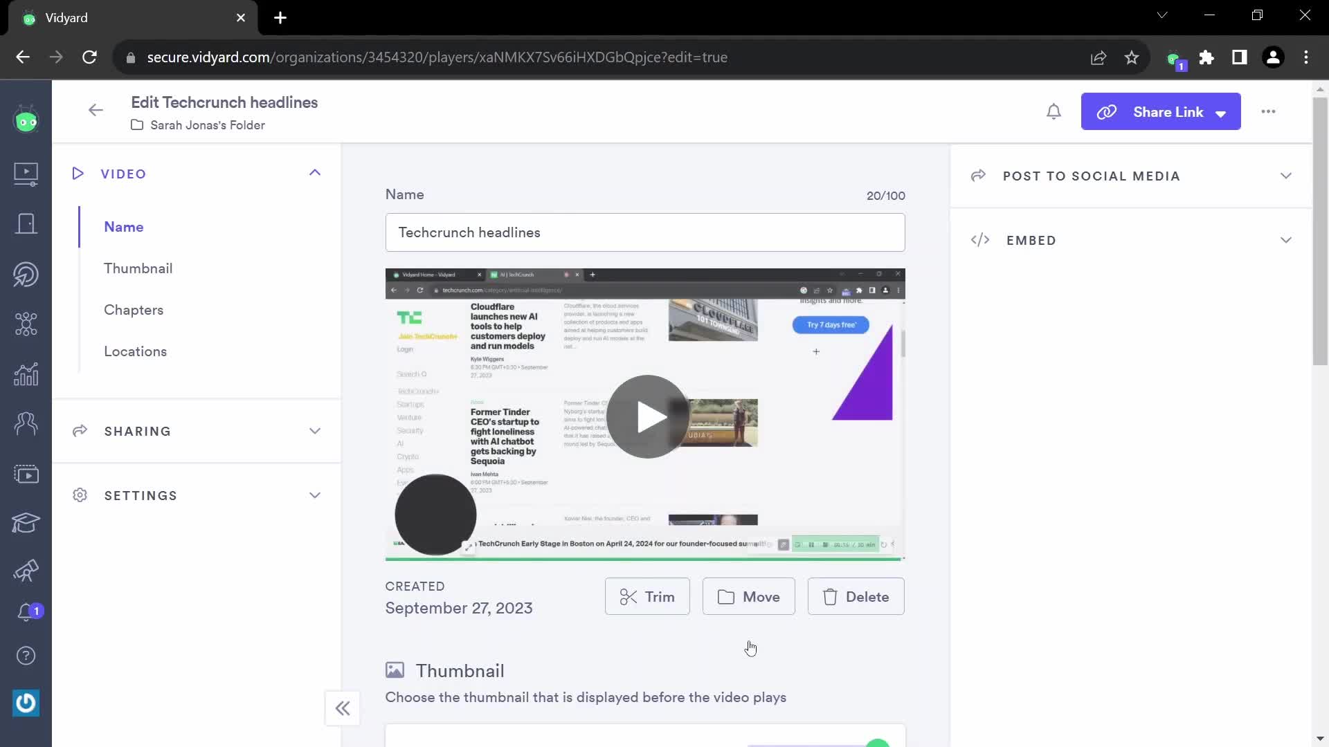 Screenshot of Edit video on Sharing on Vidyard user flow