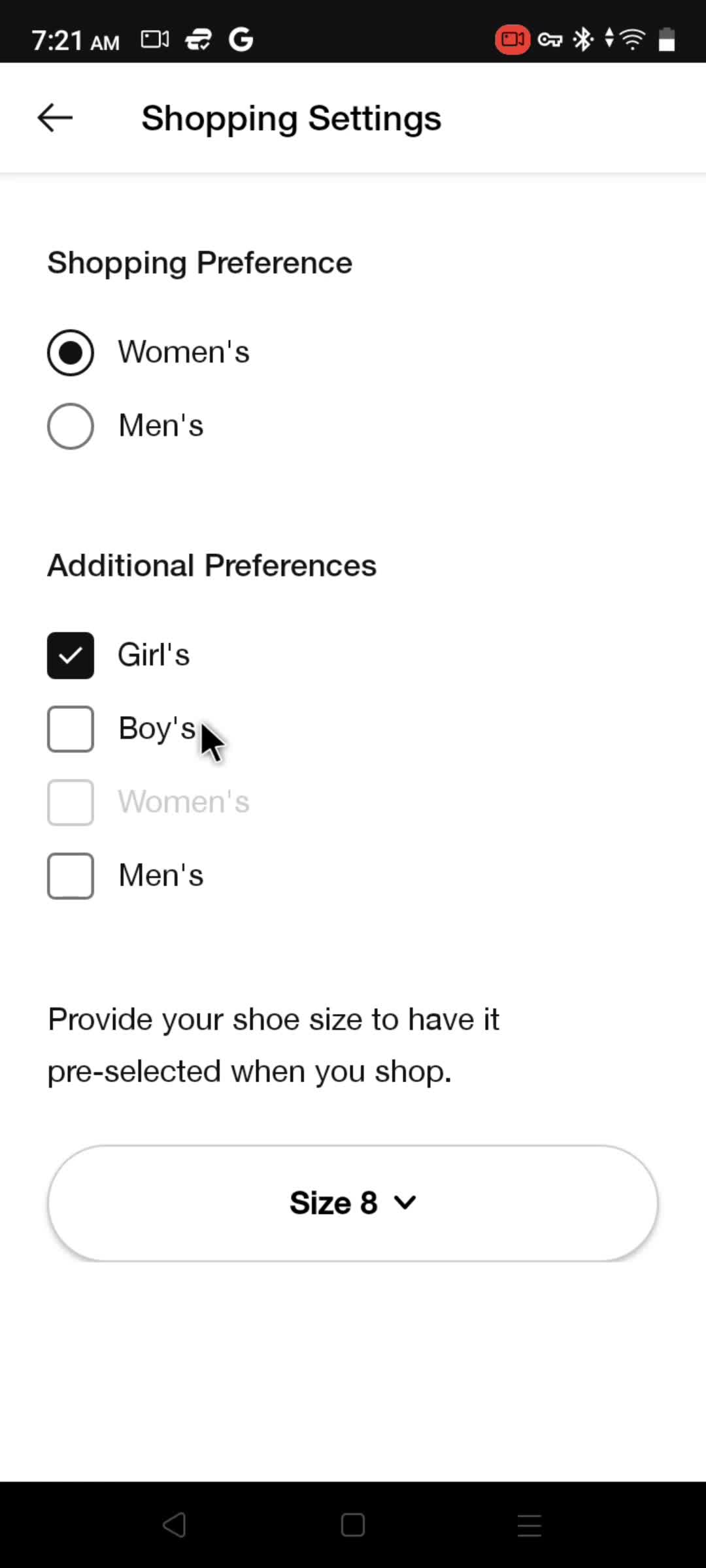 Shopping settings screenshot