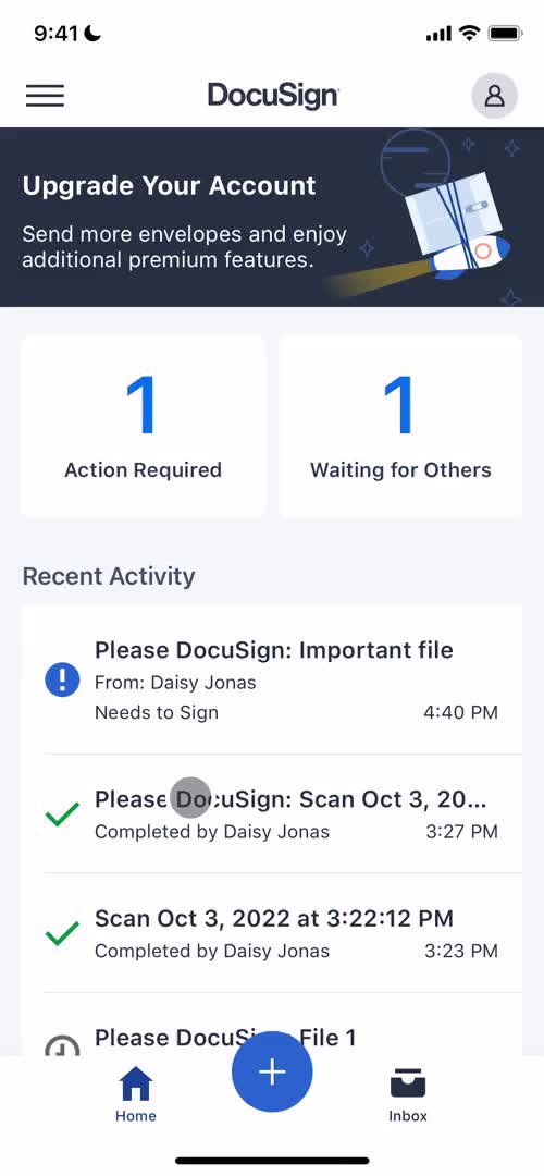 Screenshot of Home on Signing a document on DocuSign user flow
