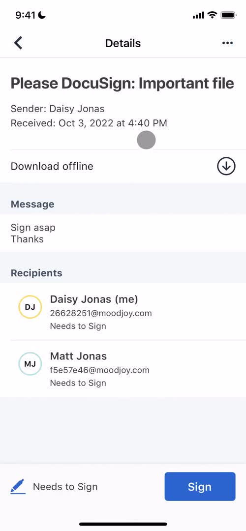 Screenshot of Signature request on Signing a document on DocuSign user flow