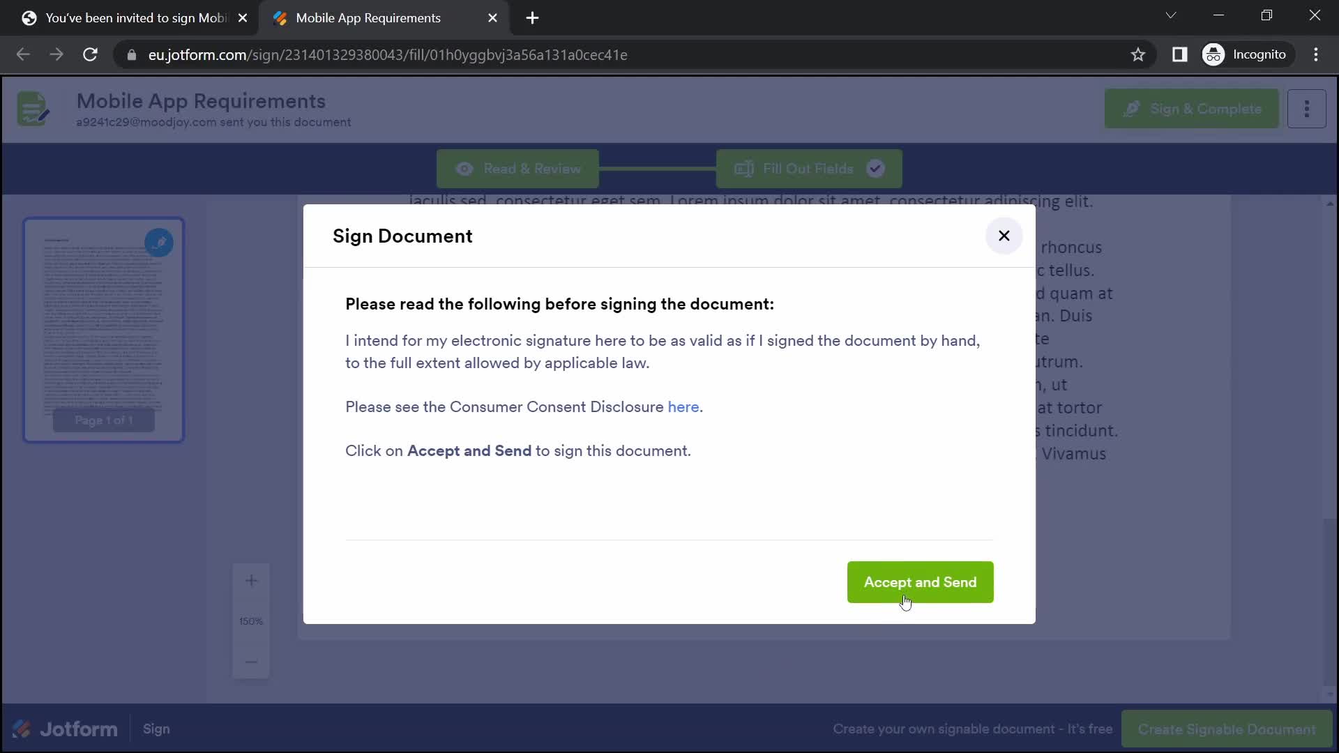 Signing a document screenshot