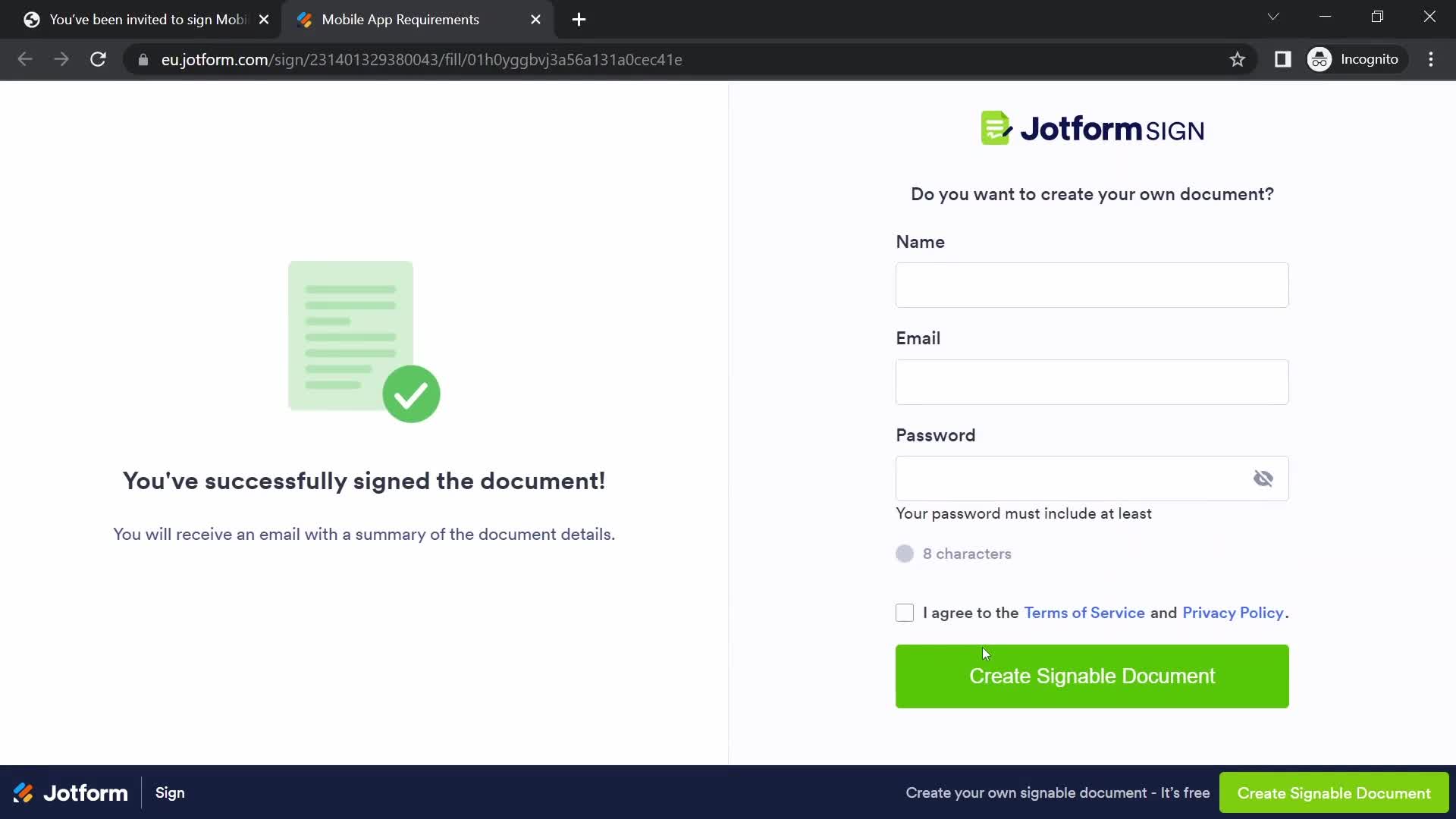 Signing a document screenshot