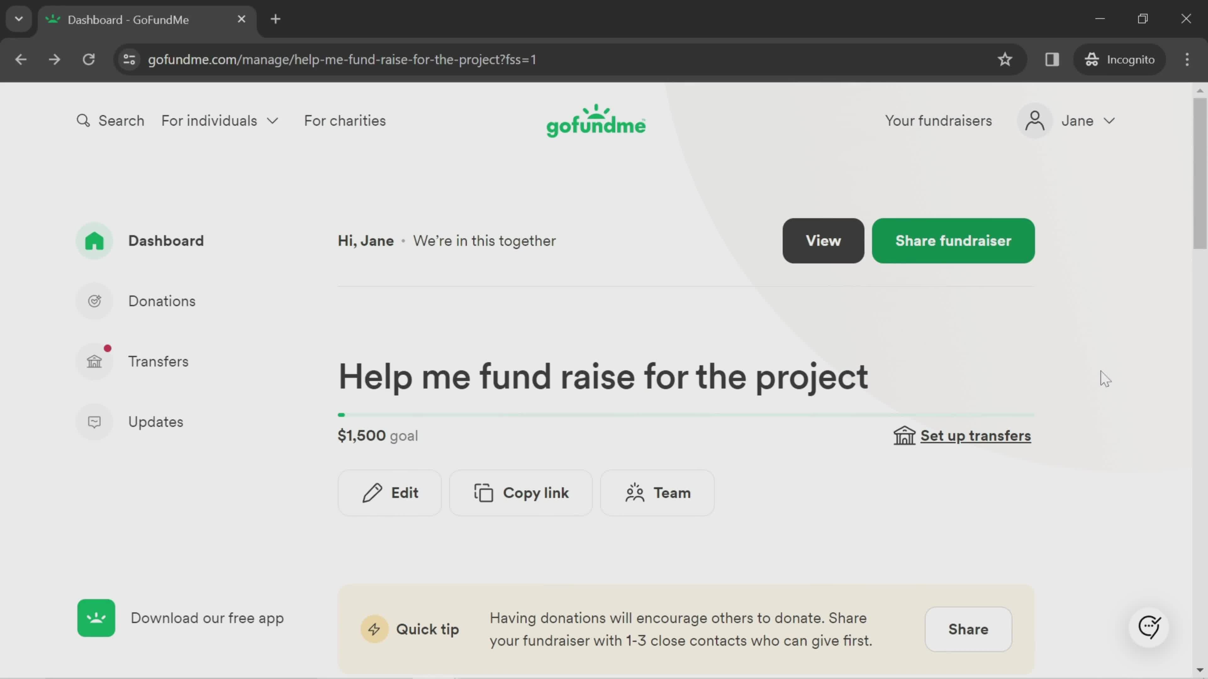 Starting a fundraiser screenshot