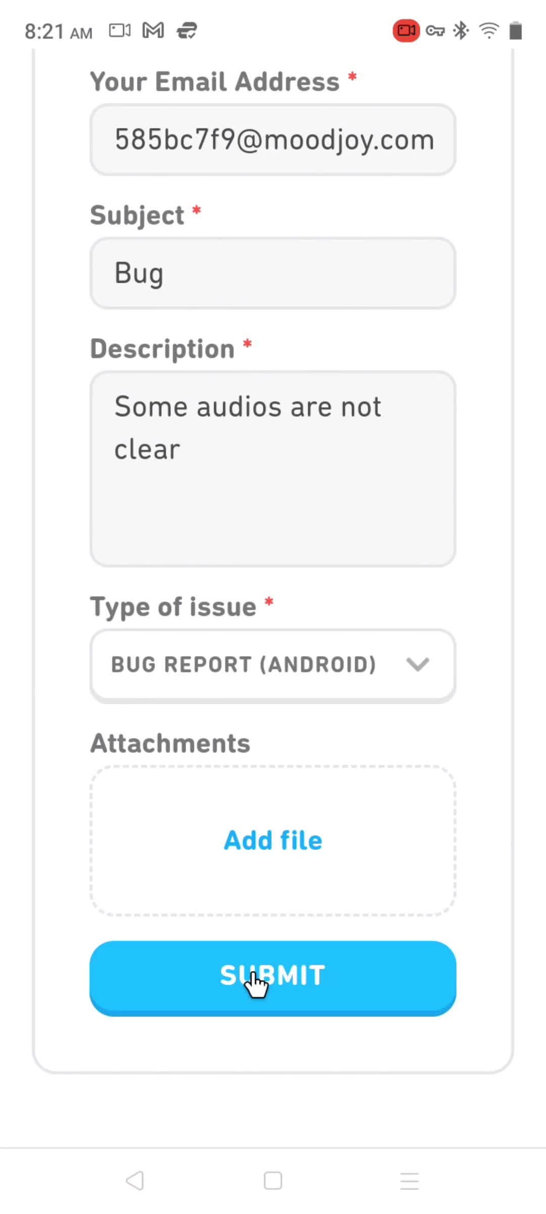 Submitting a bug report screenshot