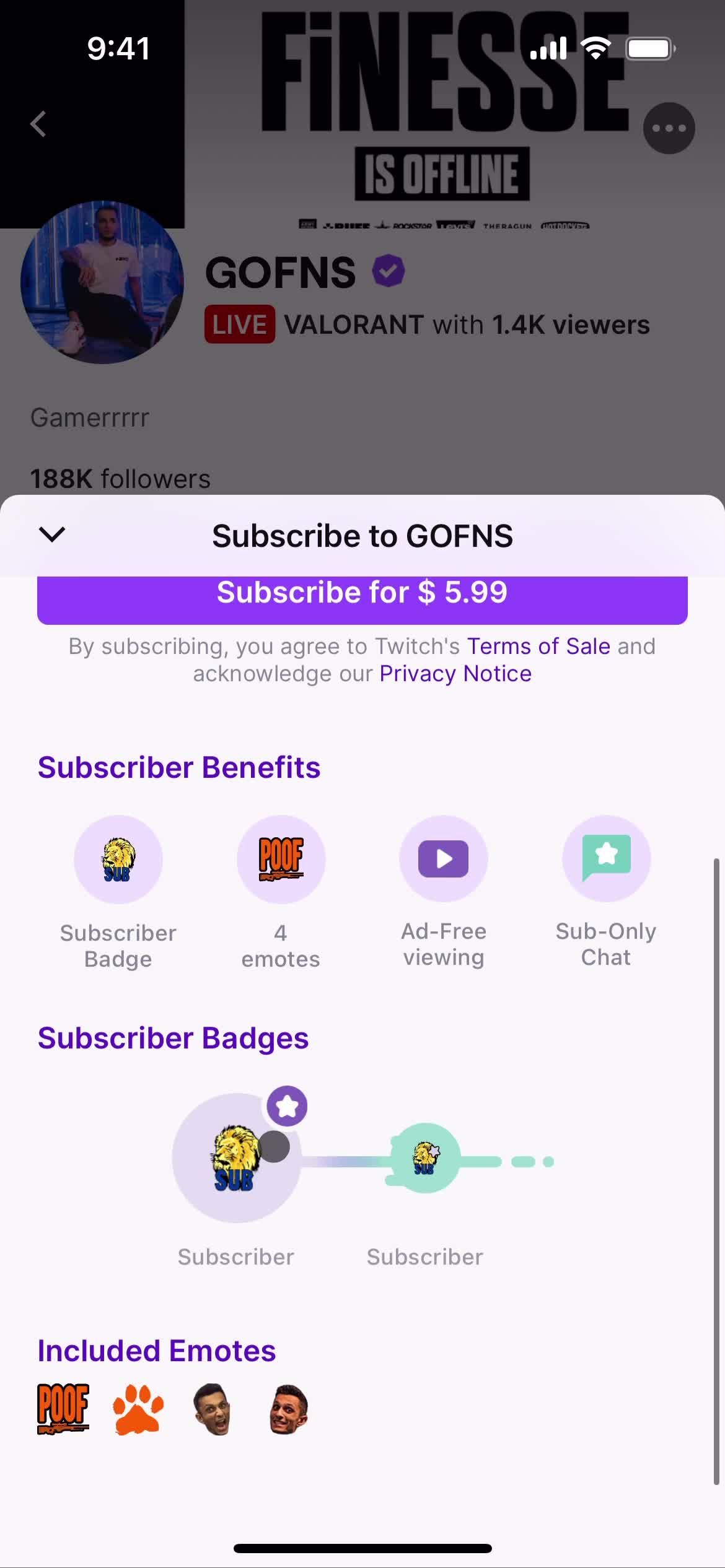 Subscribing to a streamer screenshot