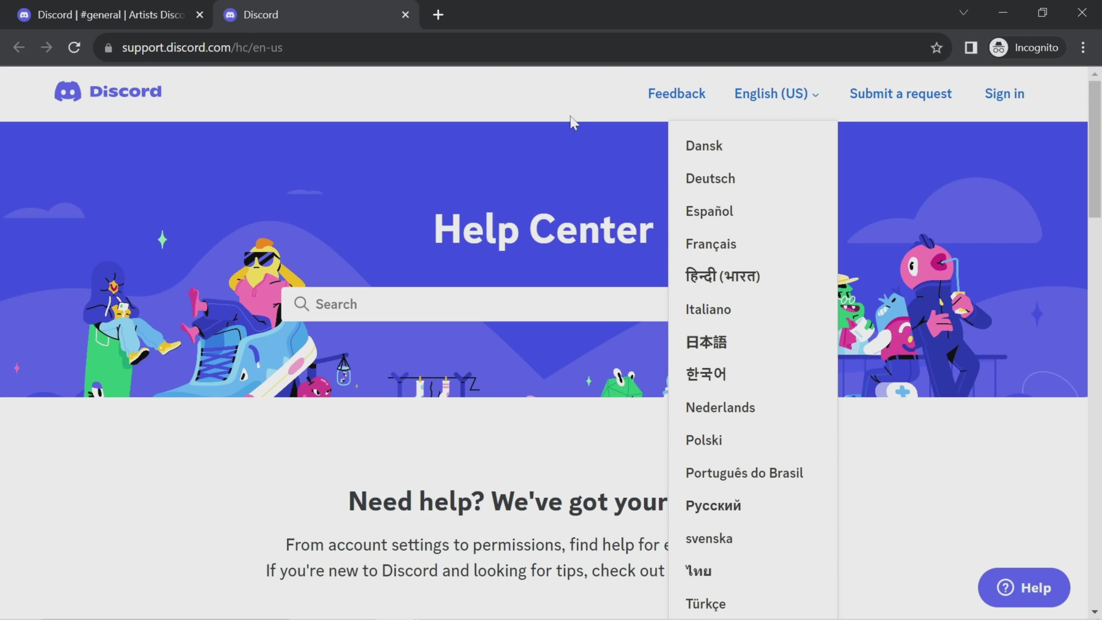 Help center screenshot