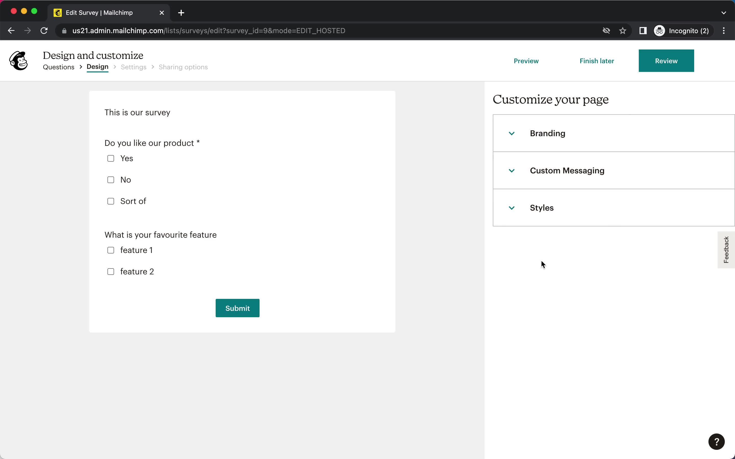 Creating a survey screenshot