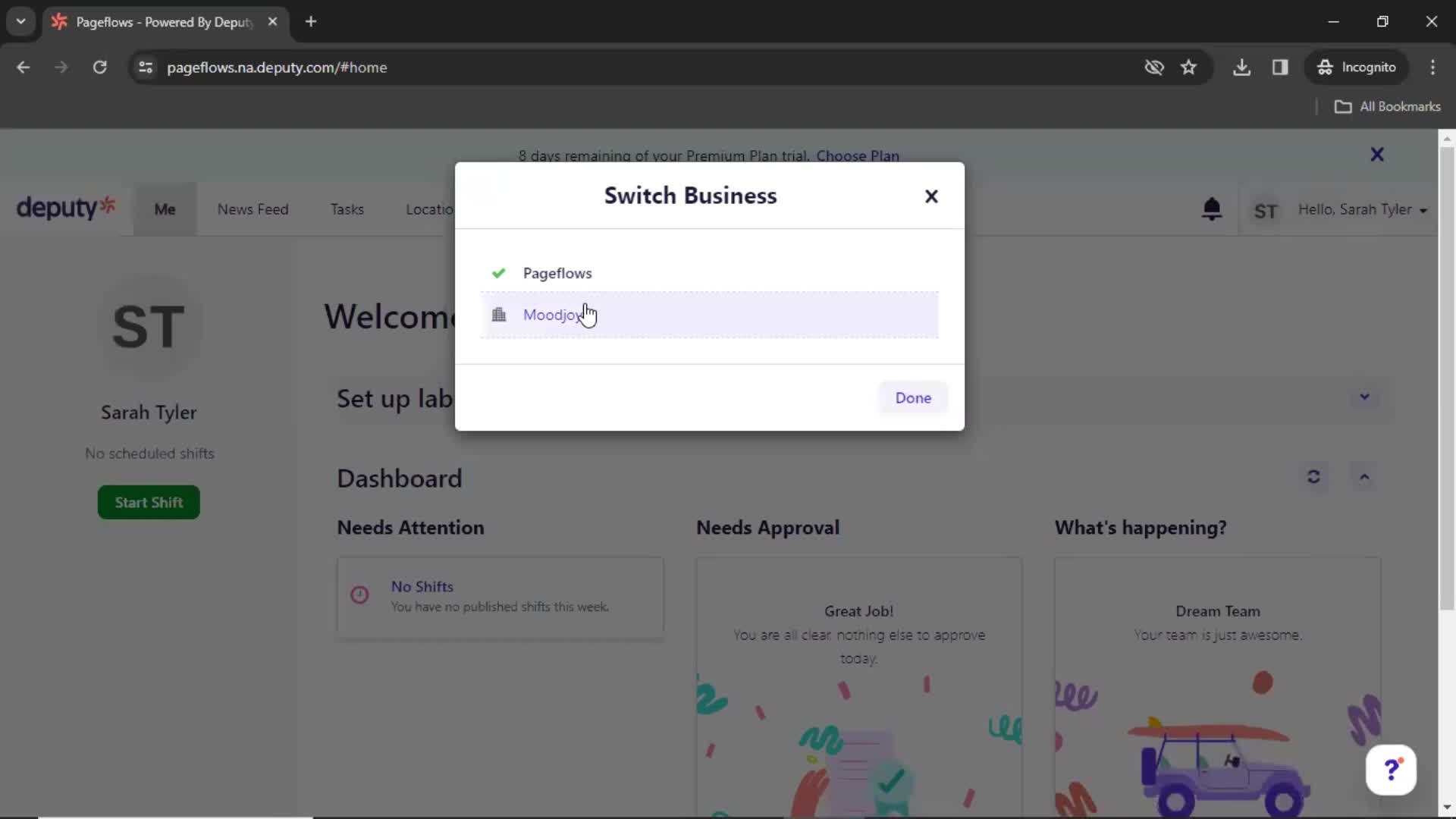 Switching business account screenshot