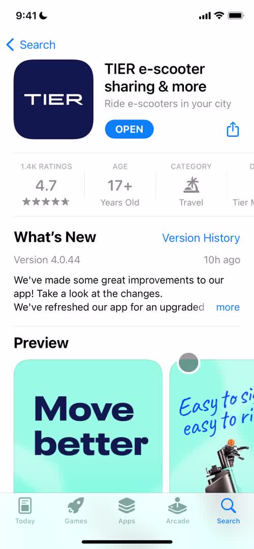 Screenshot of App store listing during Onboarding on TIER user flow
