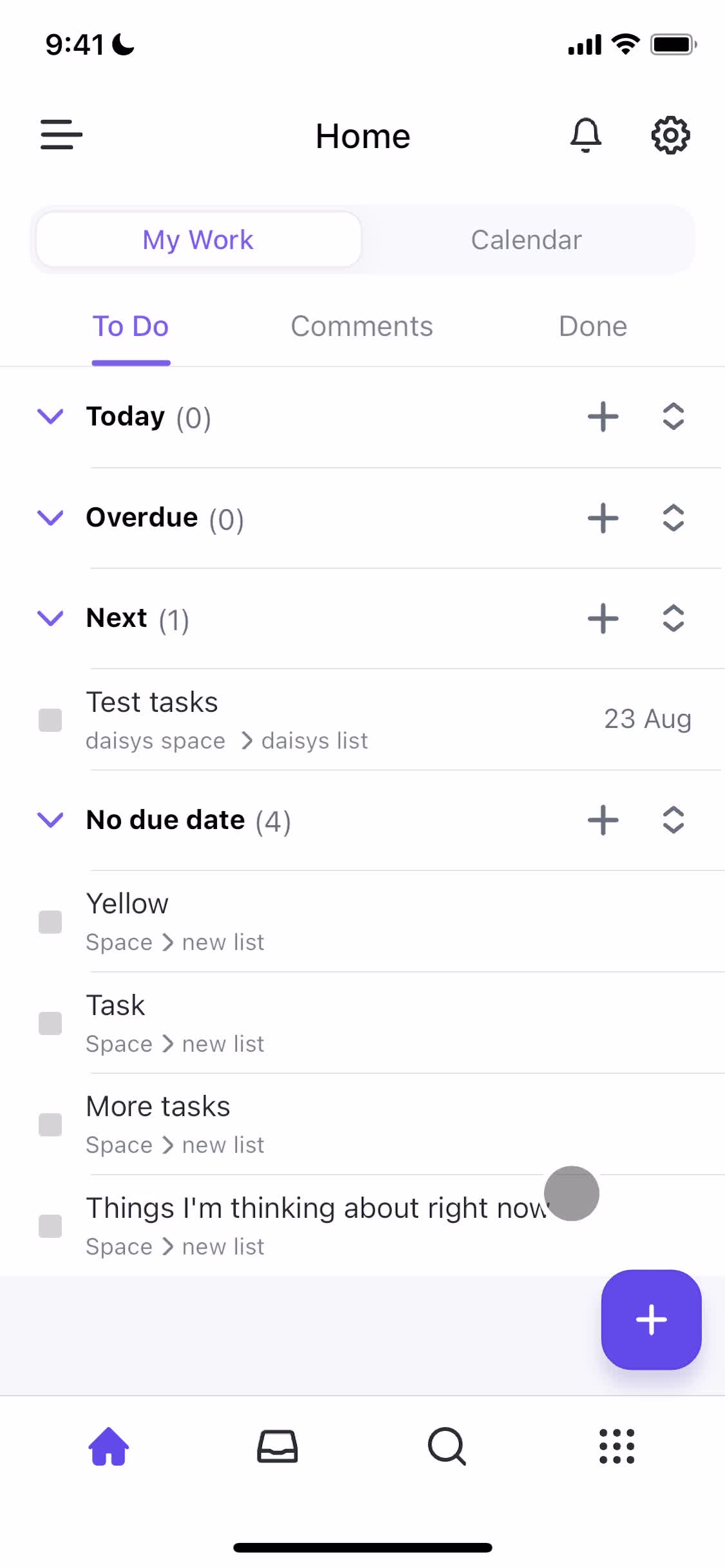 Screenshot of Home on Tasks on ClickUp user flow