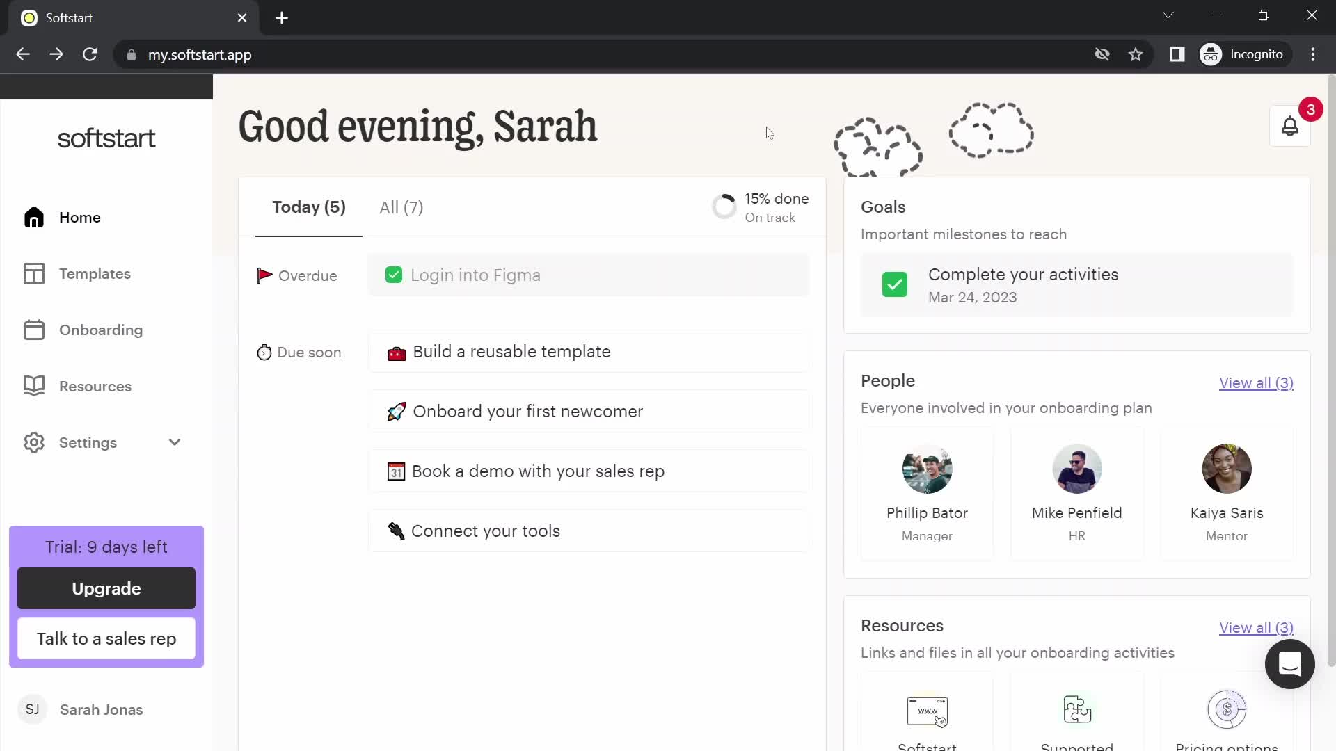 Screenshot of Home on Tasks on Softstart user flow