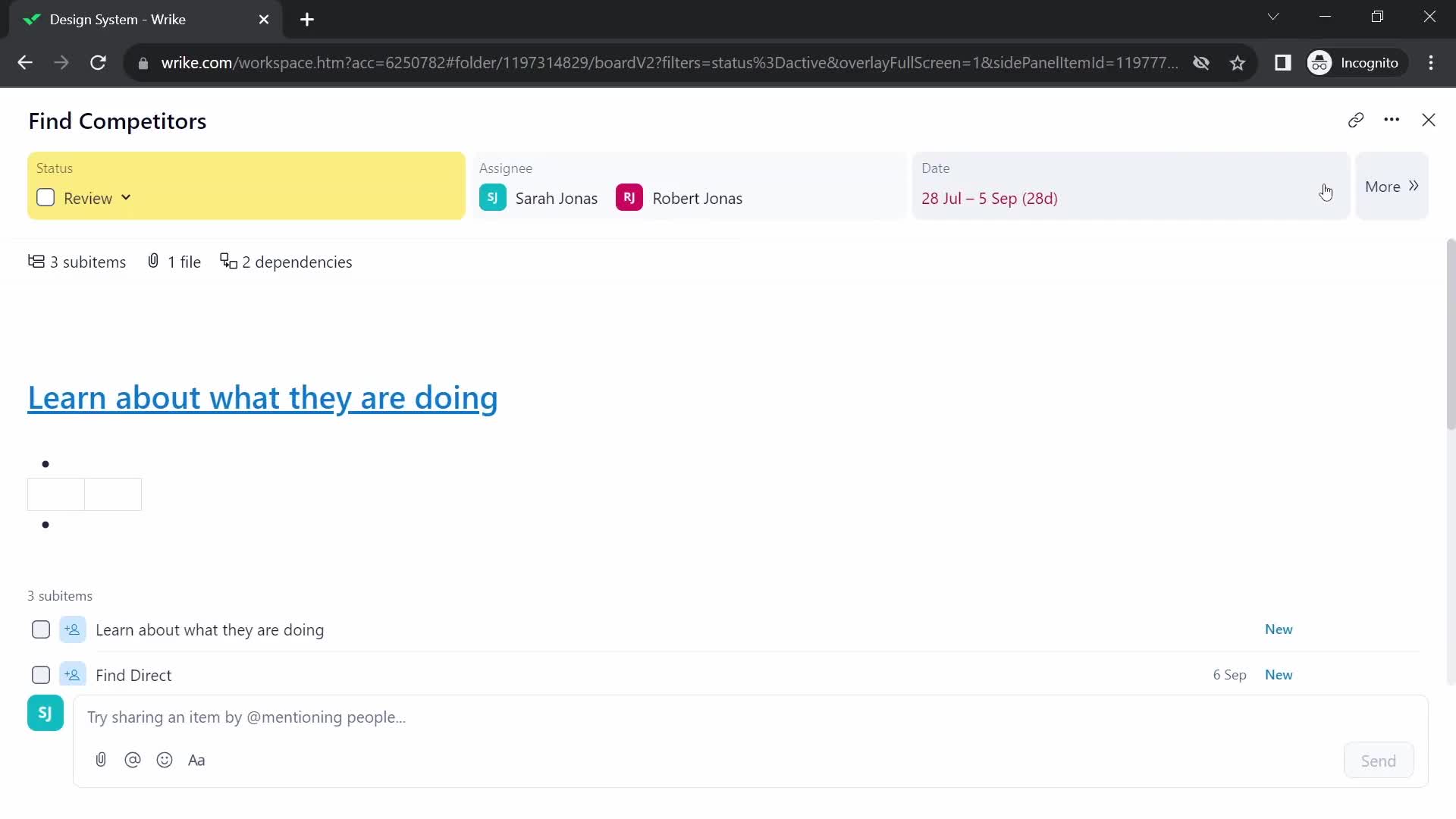 Screenshot of Task details on Tasks on Wrike user flow
