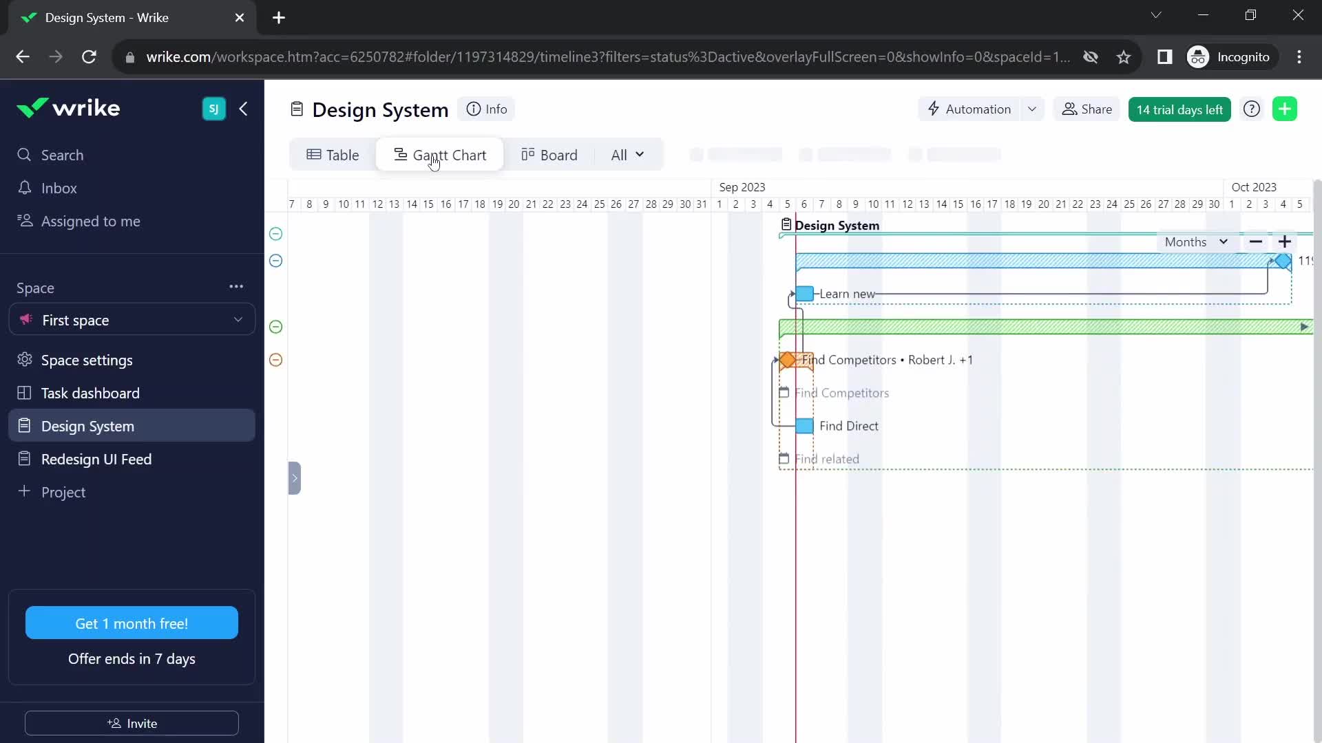 Screenshot of Gantt chart on Tasks on Wrike user flow