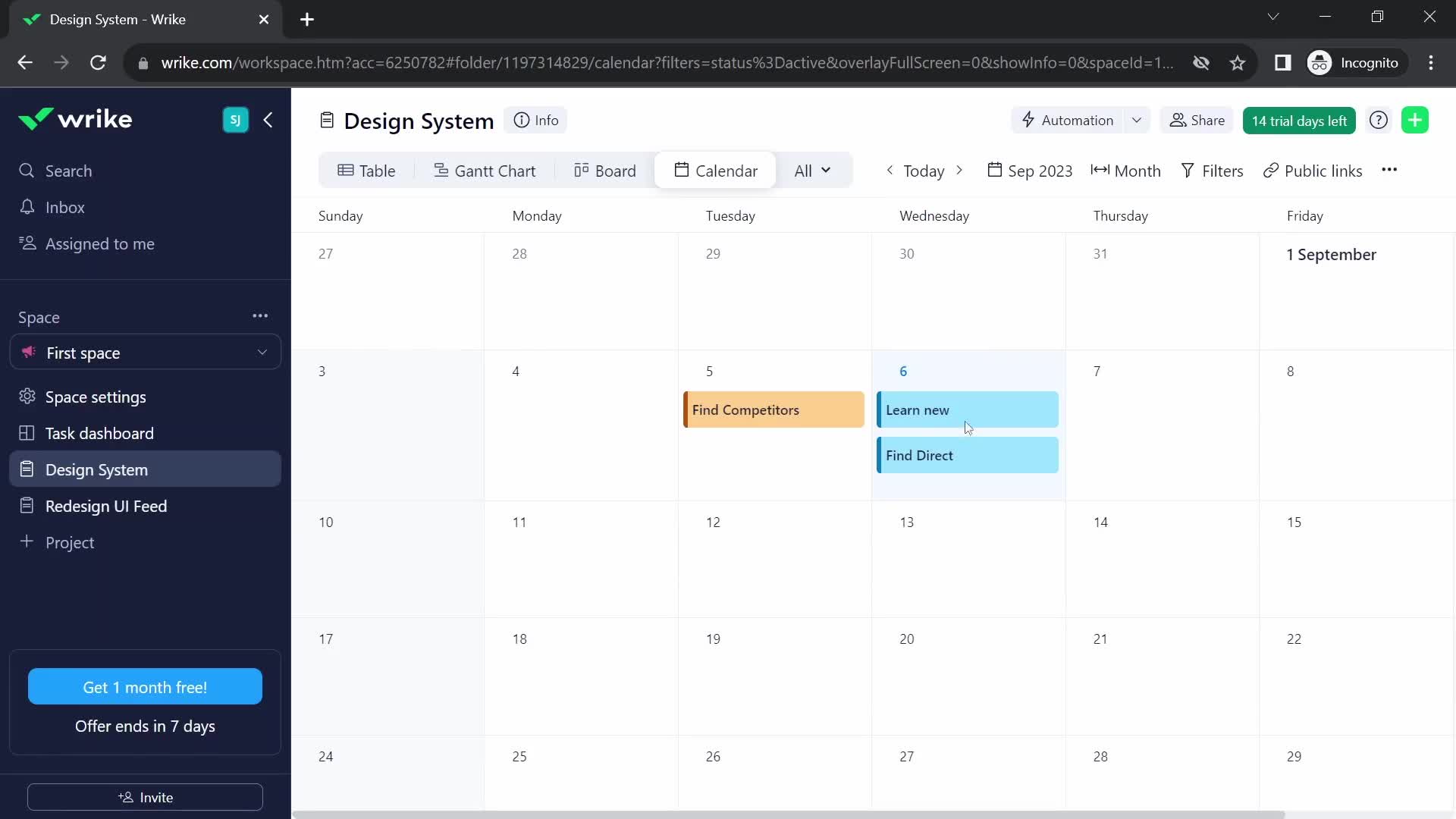 Screenshot of Calendar on Tasks on Wrike user flow