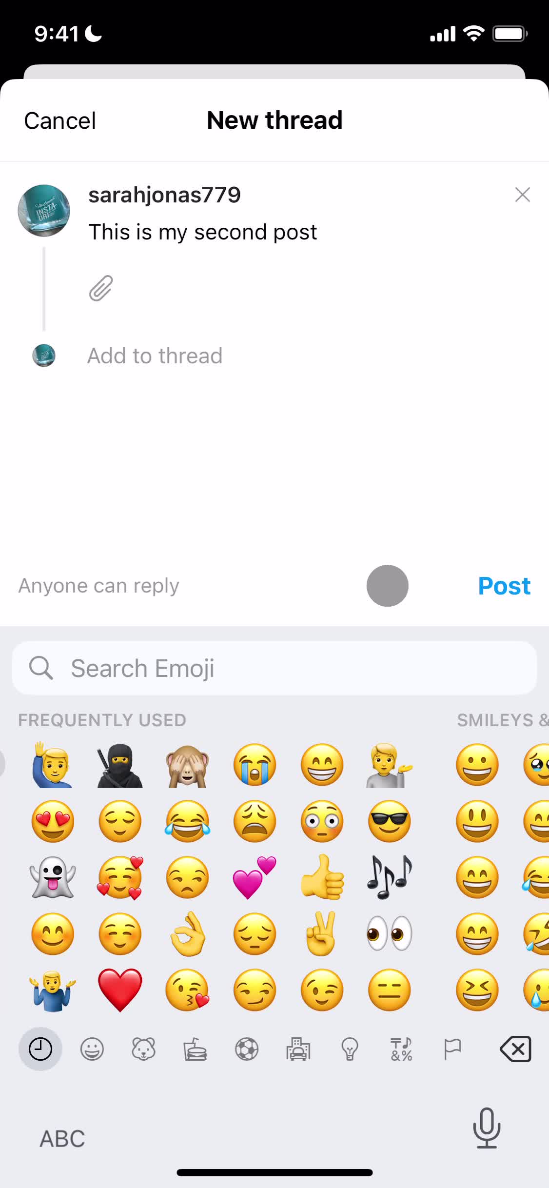 Screenshot of Emoji picker on Creating a post on Threads user flow