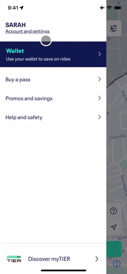 Screenshot of Navigation menu on Upgrading your account on TIER user flow