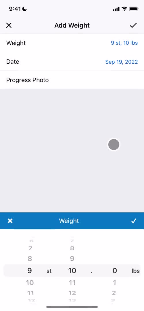 Screenshot of Set weight on Tracking activity on MyFitnessPal user flow