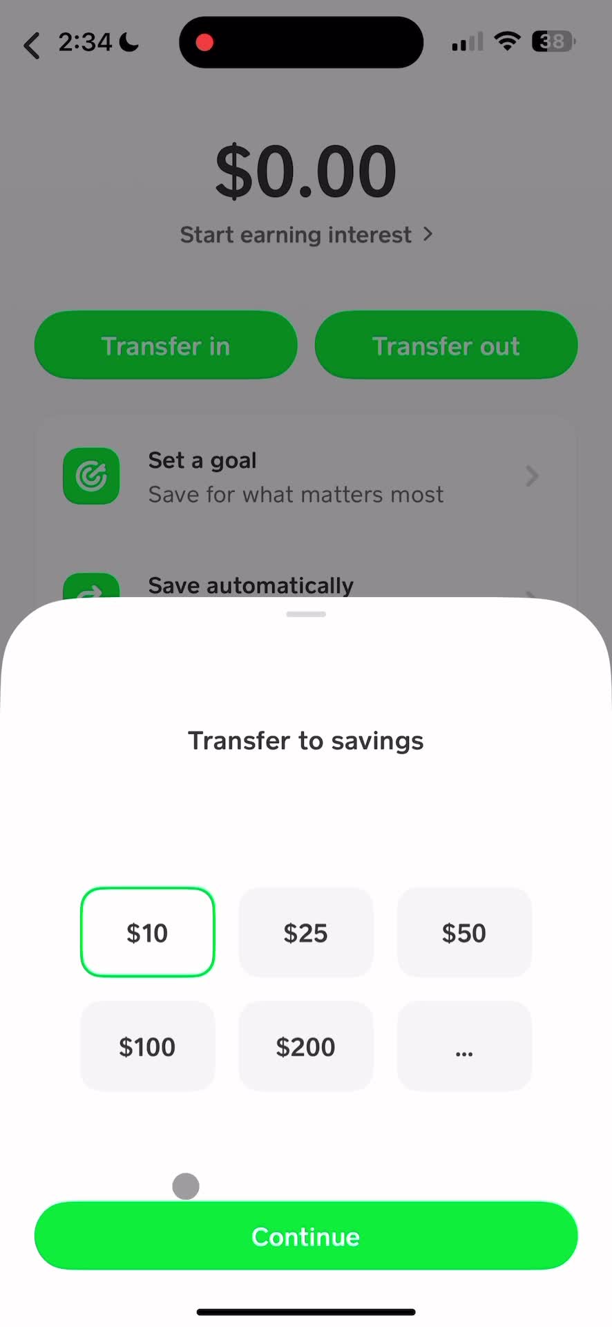 Transferring to savings screenshot