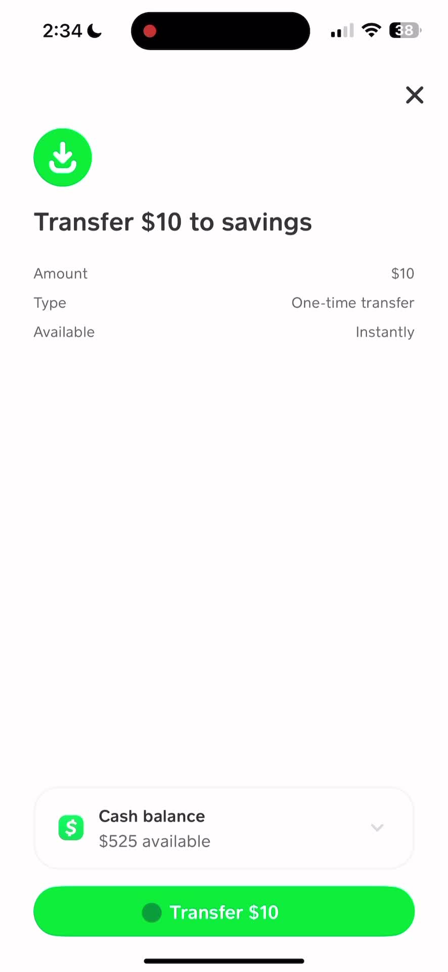 Transferring to savings screenshot