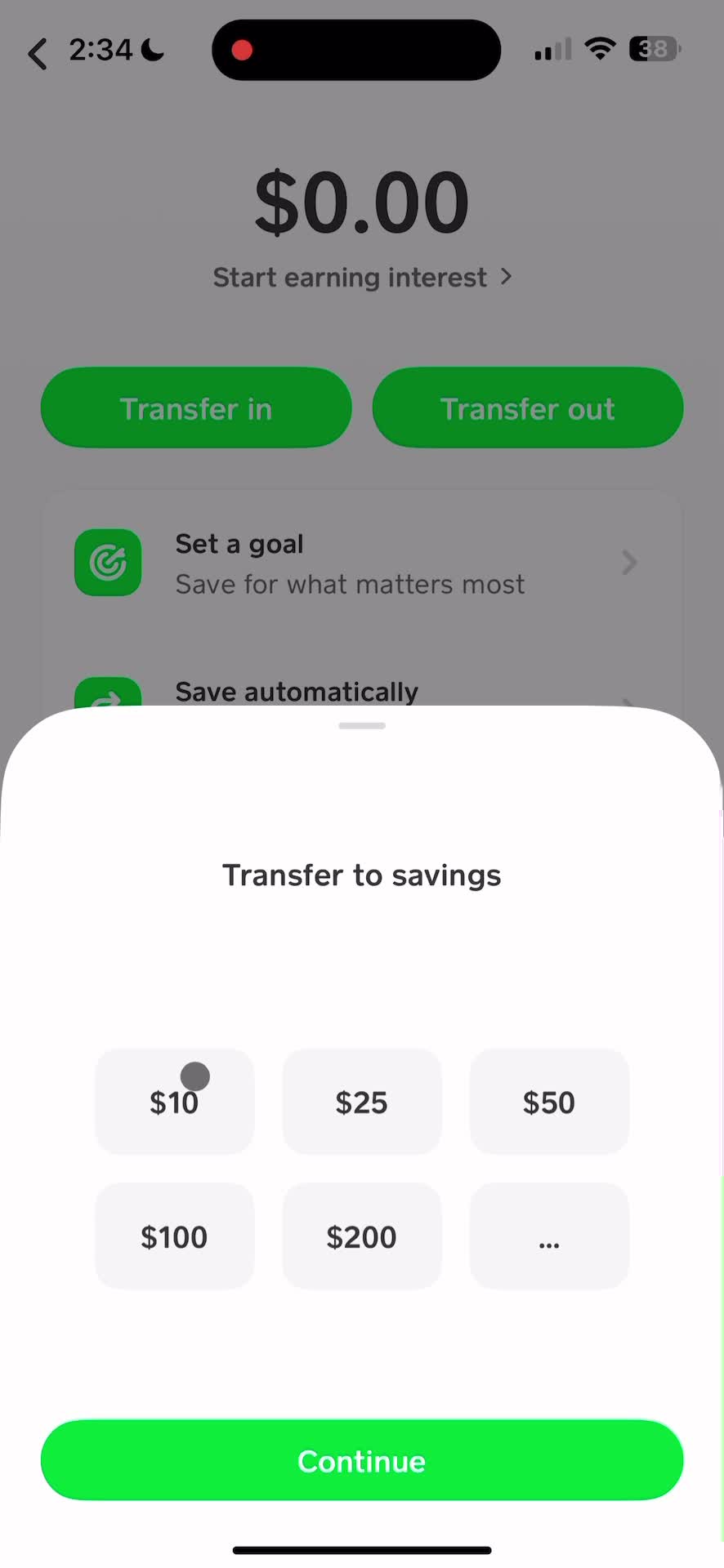 Transferring to savings screenshot