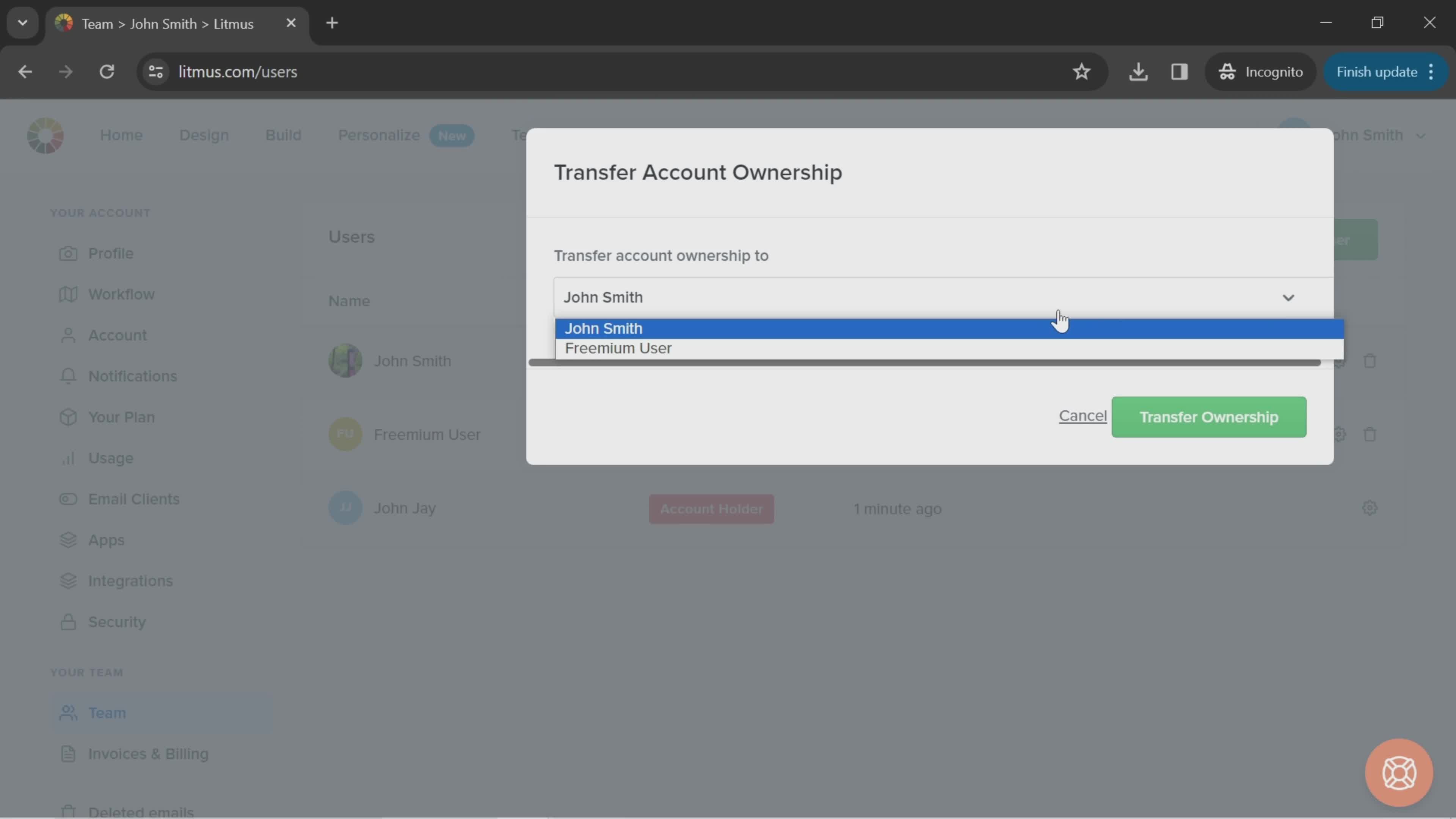 Transferring ownership screenshot