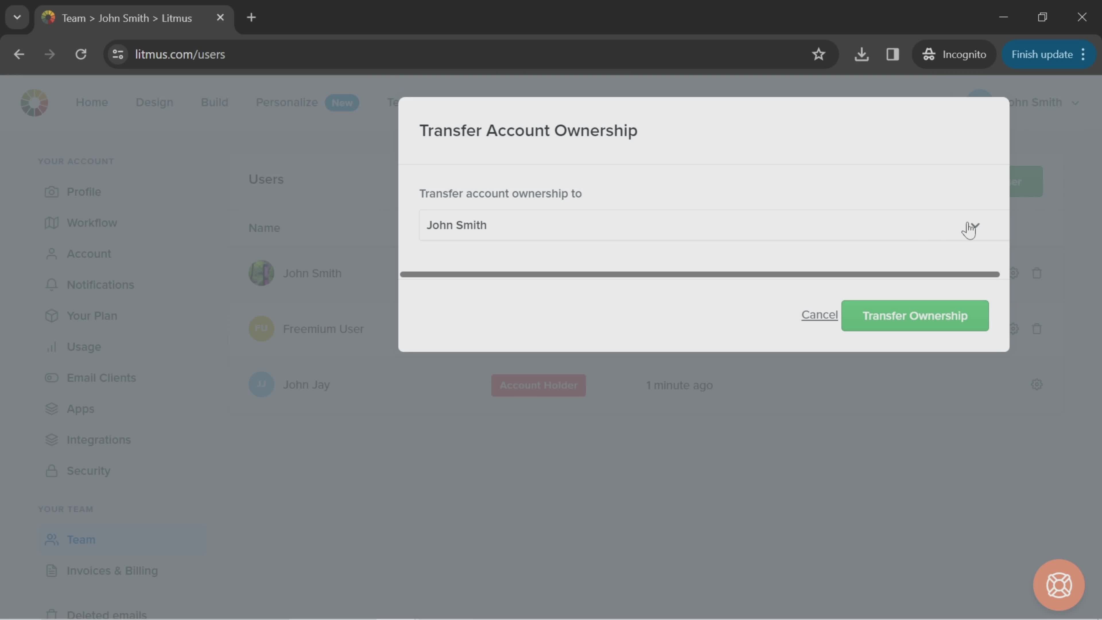 Transferring ownership screenshot