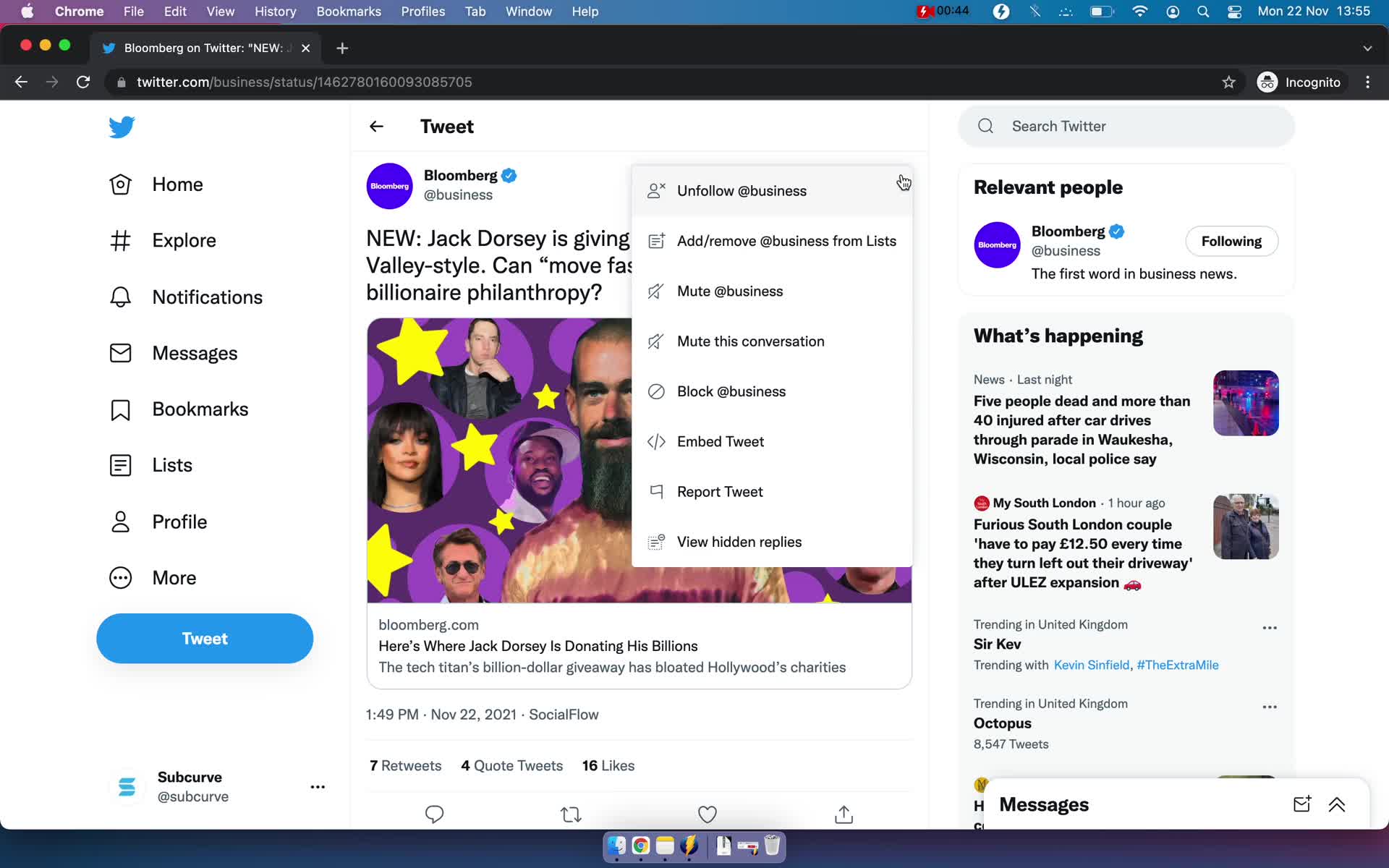 Screenshot of Action menu on General browsing on Twitter user flow