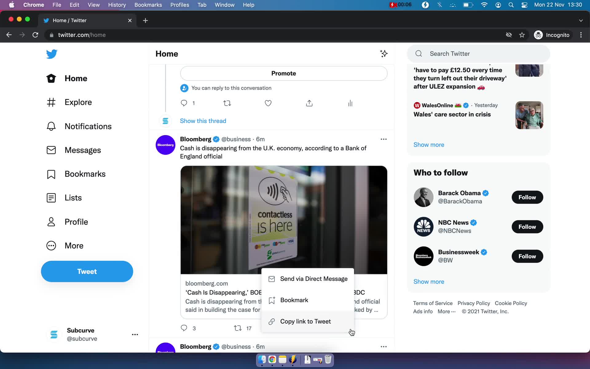 Screenshot of Action menu on Saving on Twitter user flow
