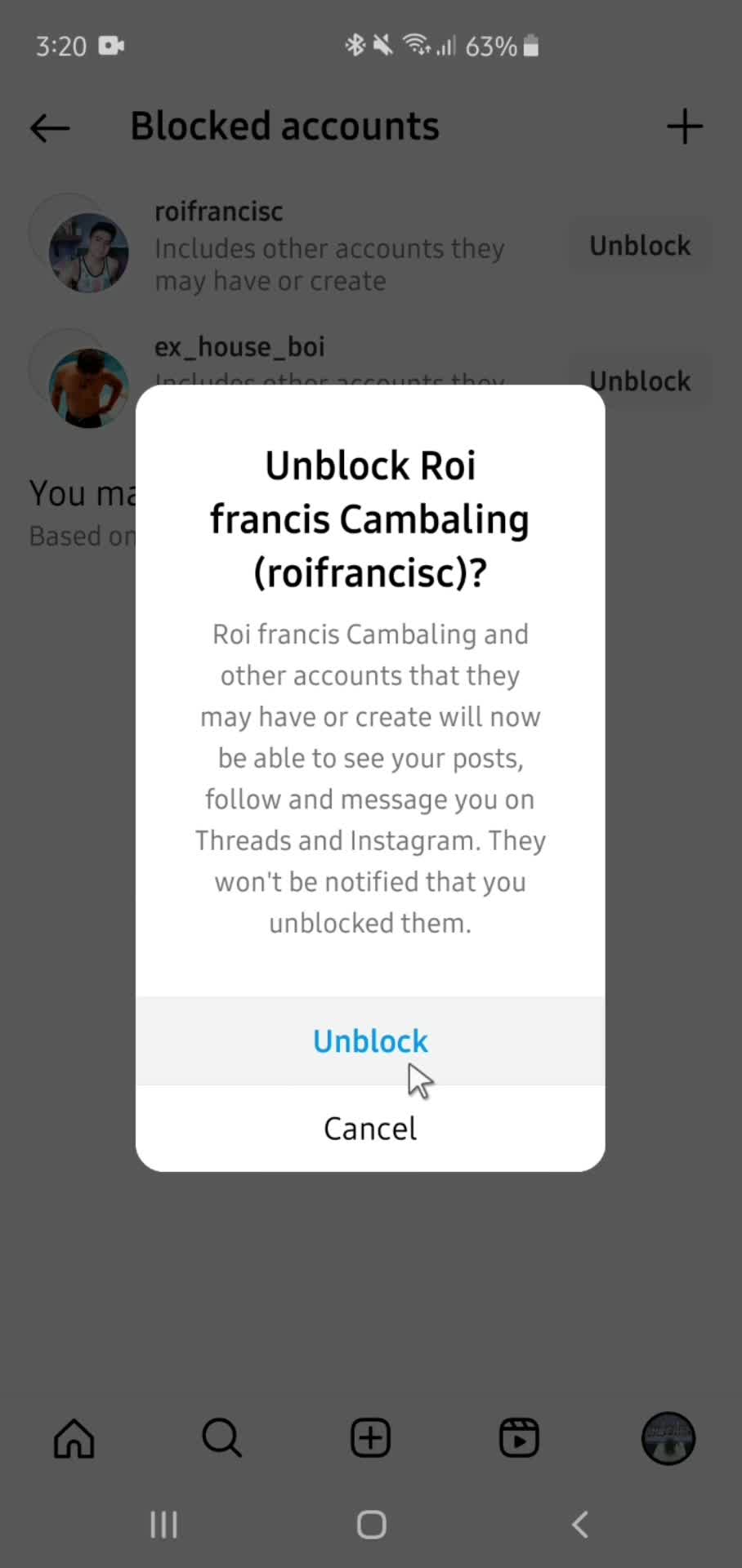 Unblocking users screenshot