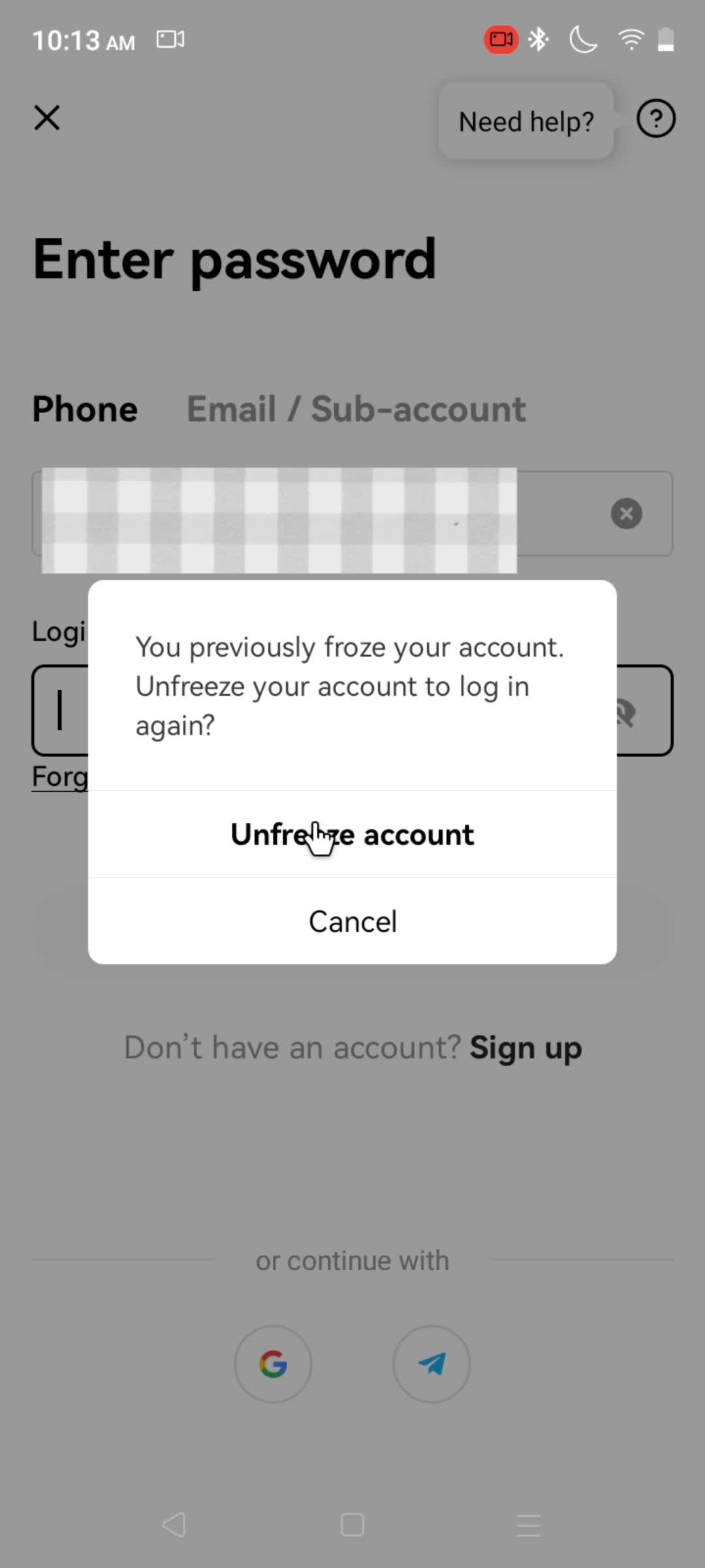 Unfreezing your account screenshot