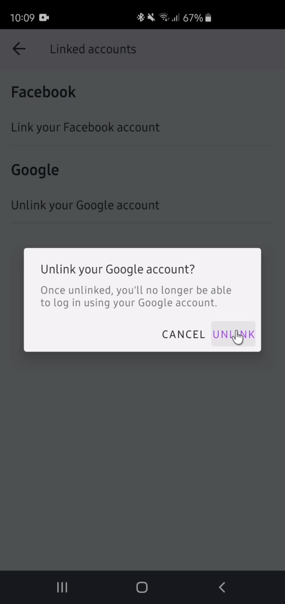Unlinking accounts screenshot